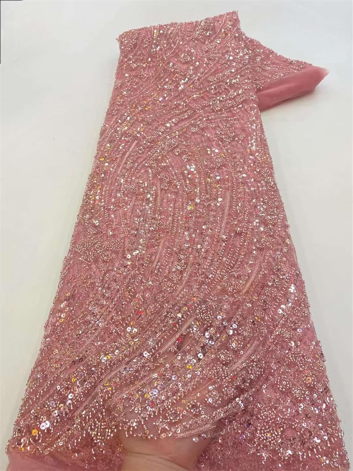 Gorgeous Heavy Beaded Lace French Sequin Embroidered Tulle Fabric for Wedding Party Dress Sewing (5 Yards,Pink)