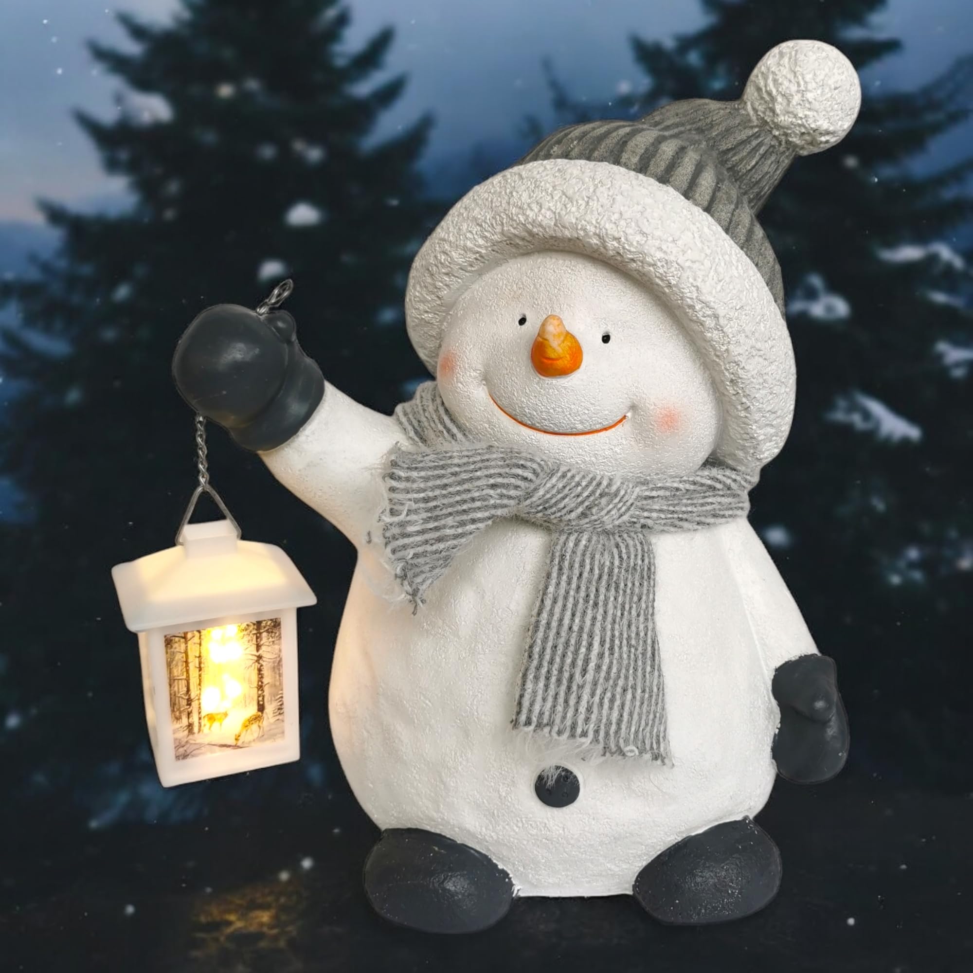 Schneemann Figur 37cm mit LED Laterne Weihnachtsdeko grau Weihnachten Advent Winter Deko groß