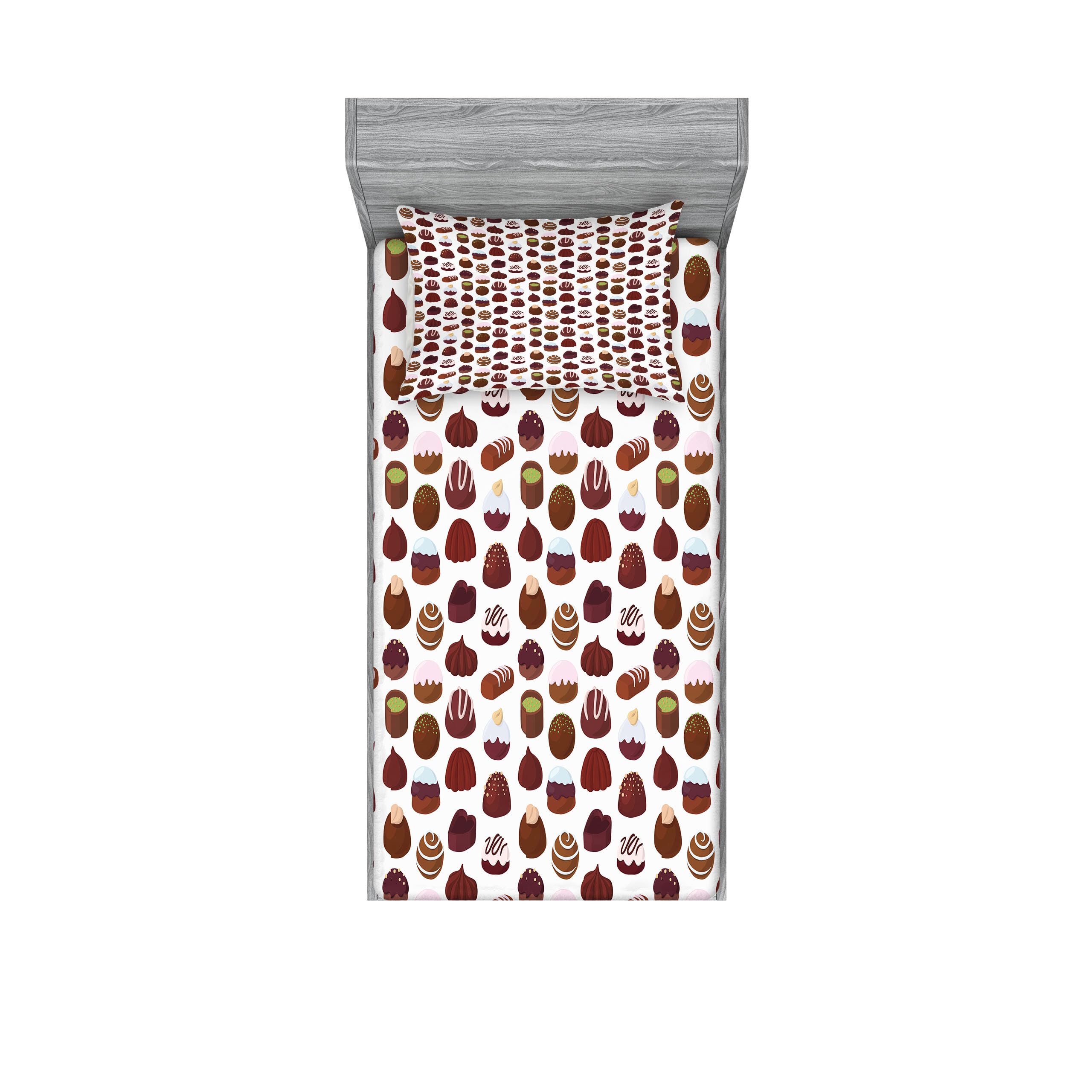 Ambesonne Chocolate Fitted Sheet & Pillow Sham Set, Cupcake Muffin Donuts Cookie Candy Bakery Pastry Sweets Pattern, Decorative Printed 2 Piece Bedding Decor Set, Twinxl, Maroon Brown Burgundy