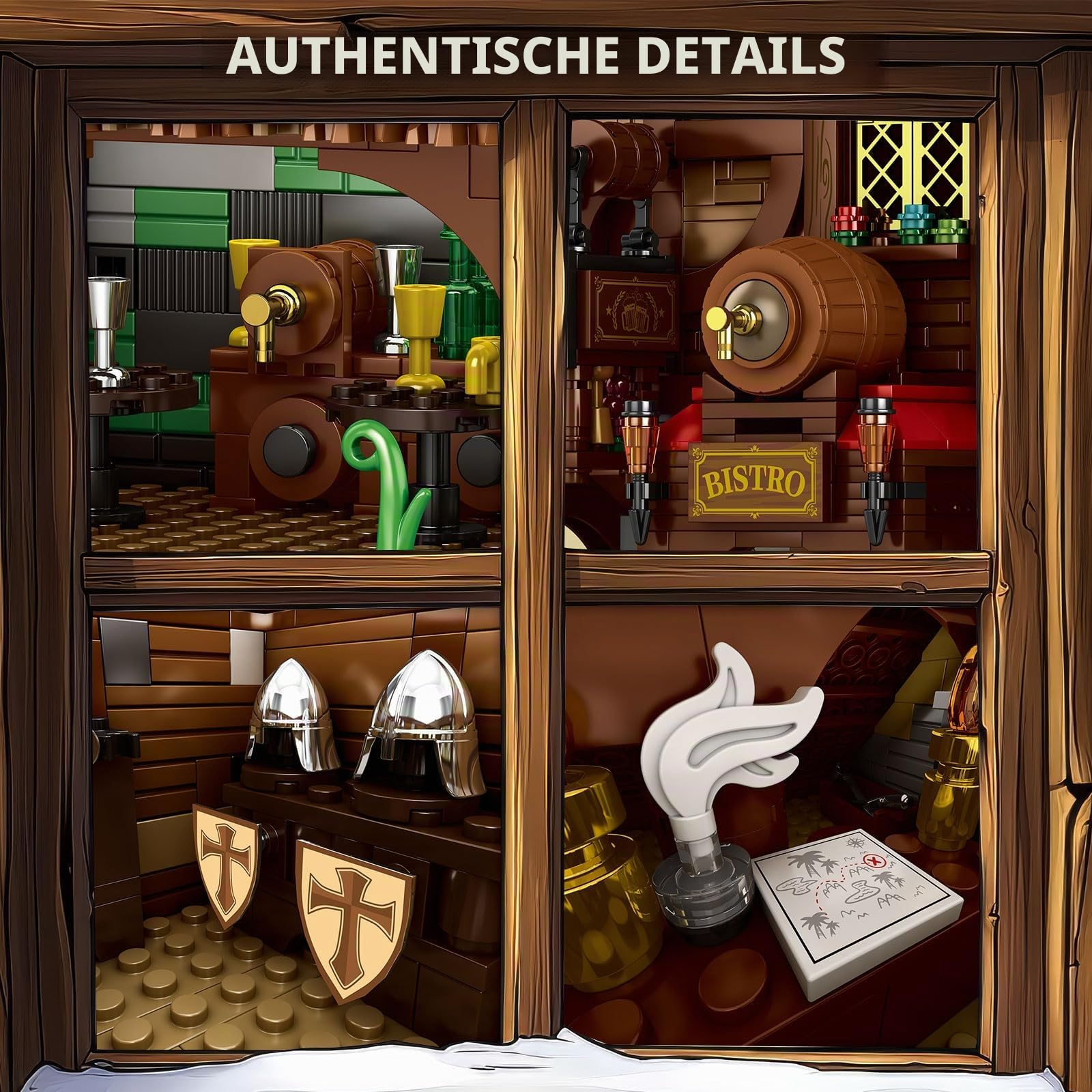 Reobrix Mittelalterliches Tavernen Bauset, Europäisches Jahrhundert Bistro Set 66018, Architektur Sammeldisplay mit detailreichem Weinkeller und Waffenkammer für Erwachsene und Jugendliche