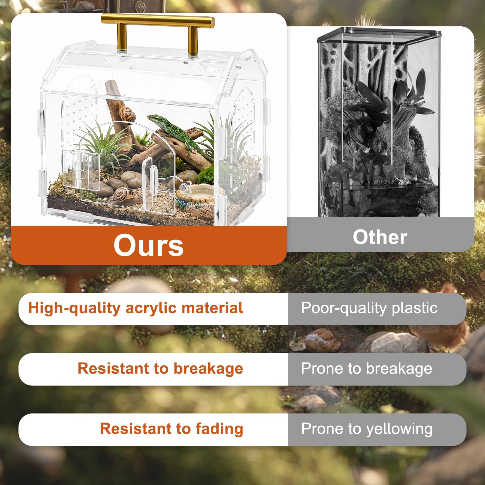Terrarium dla gadów z akrylu, przezroczysta obudowa z otworami wentylacyjnymi i uchwytem, magnetyczne pudełko na karmienie dla ślimaków, owadów, ptaszników, tarantli, gekonów
