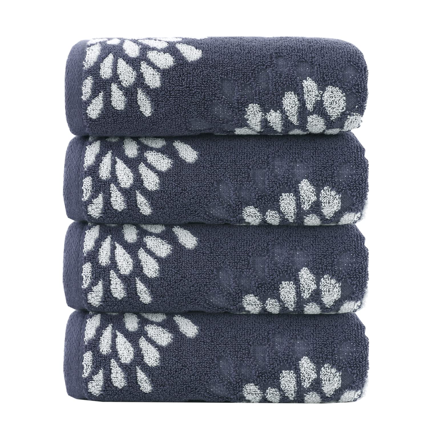 Pidada Hand Towels Set of 4 Hydrangea Floral Pattern 100% Cotton Absorbent Soft Decorative Towel for Bathroom (Denim Blue)