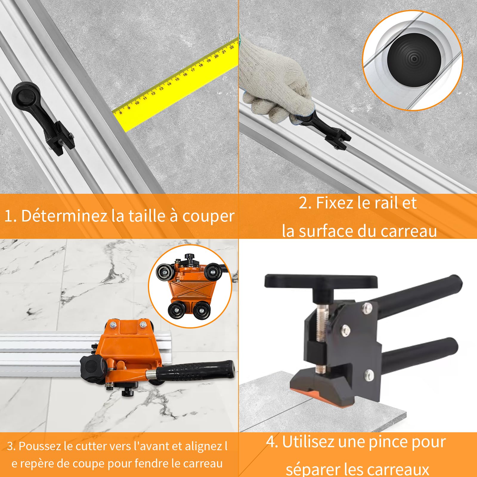 VKE 3300mm Coupe Carrelage, Rail à 3 Sections, épaisseur de Coupe Maximale 12 mm, Pour Carrelage/Céramique/Roche, Coupe Carreaux Manuel avec des Genouillères (Ensemble de coupe-carreaux de 3,3 m)