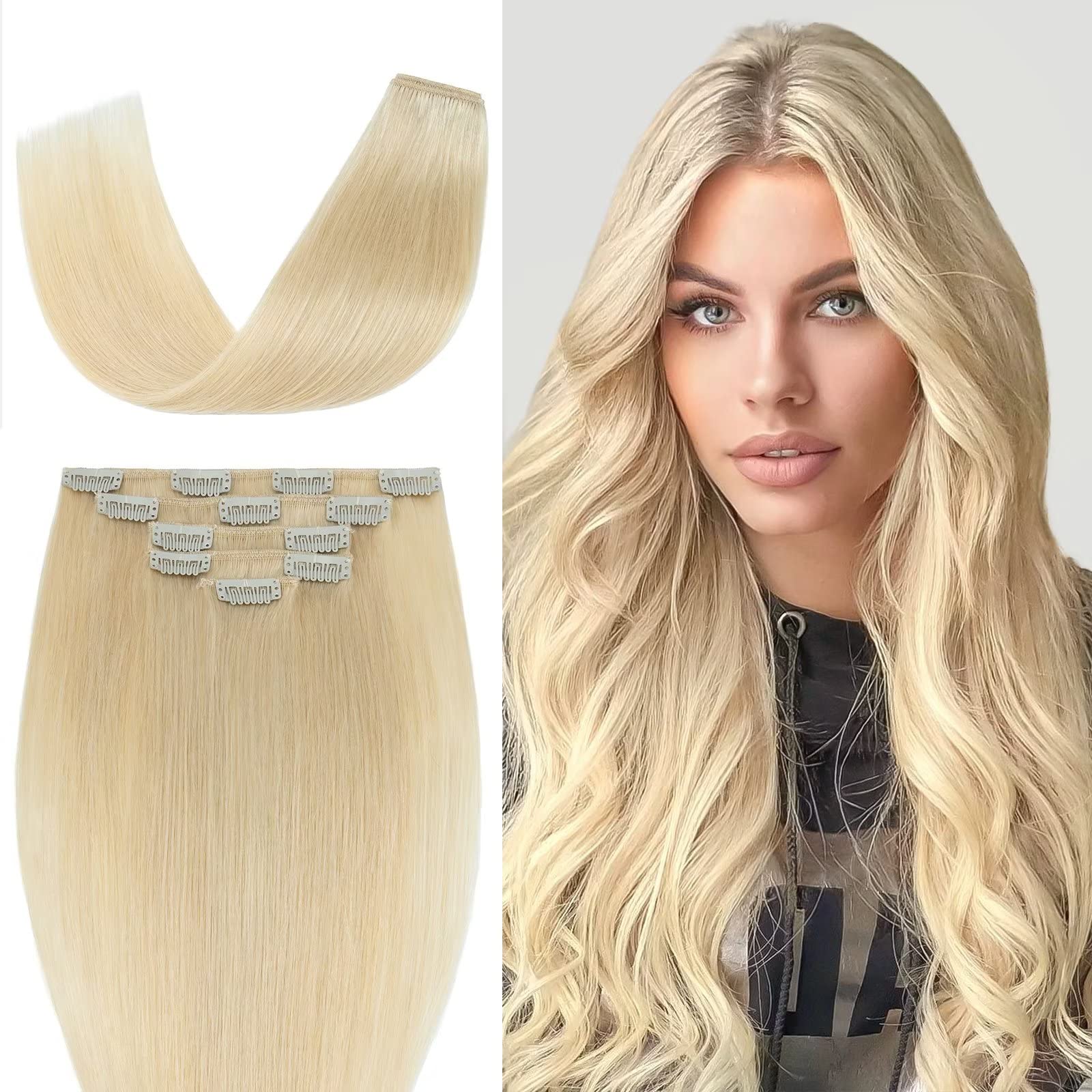 TESS Human Hair Extensions Clip in Real Hair Blonde Remy 5 Pieces Straight Natural Hairpieces for Women/Girls (#613 Bleached blonde