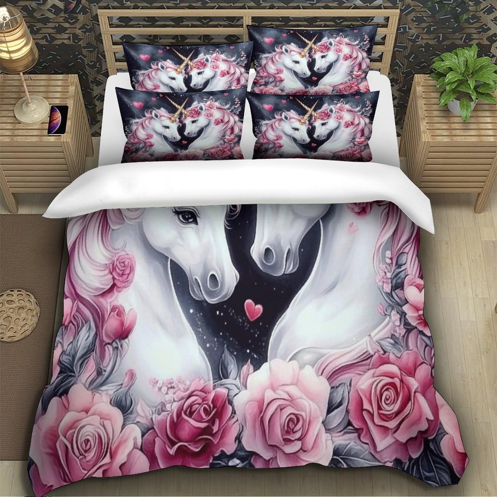 Einhorn-Pärchen 3D-Druck 3er-Set Kuschelbezug Romantischer Fantasy Bettbezug Mikrofaser Reißverschluss Atmungsaktiv für Kleinkinder Kinder Erwachsene King（220x240cm）