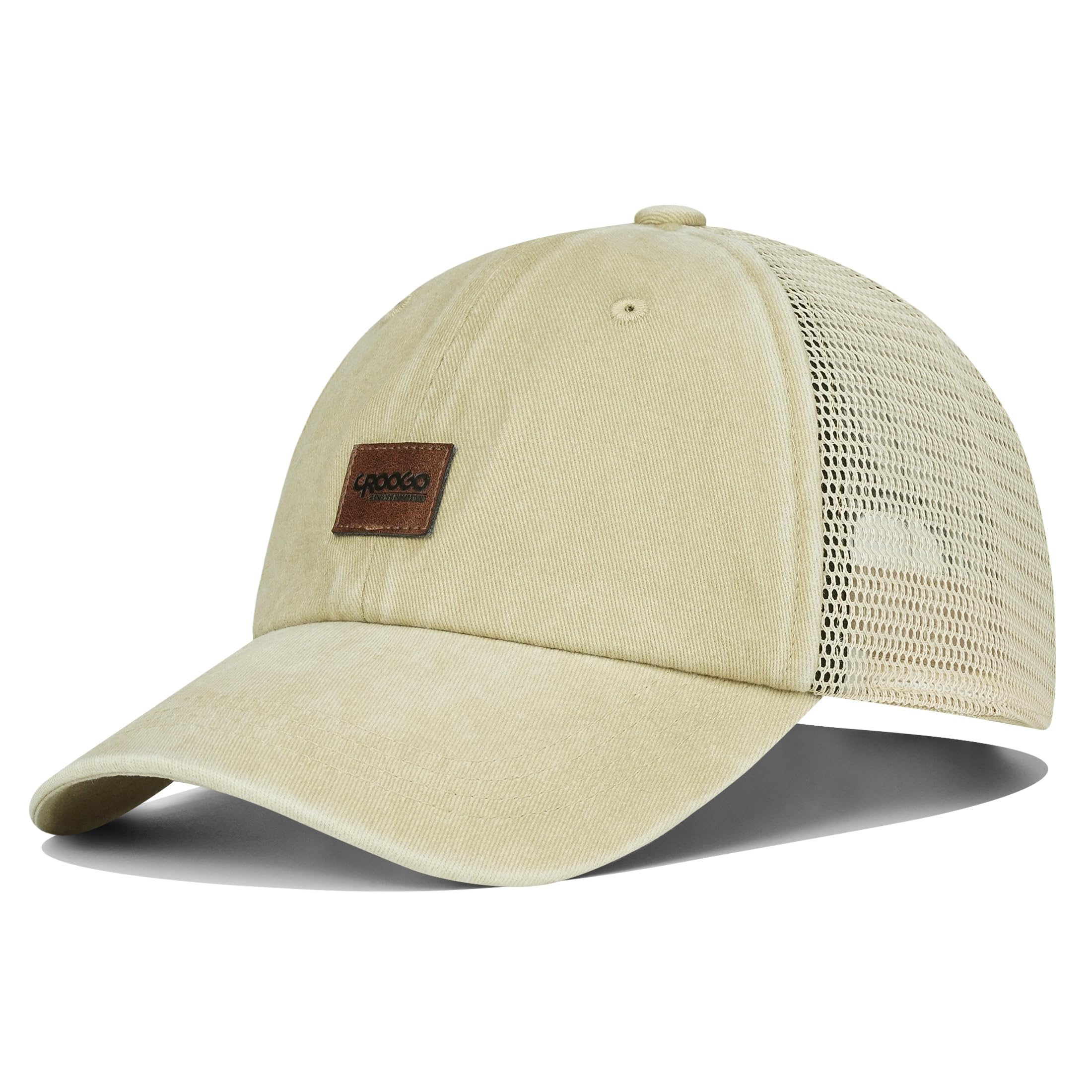 Croogo Leather Patch Mesh Back Cap Washed Cotton Dad Hat
