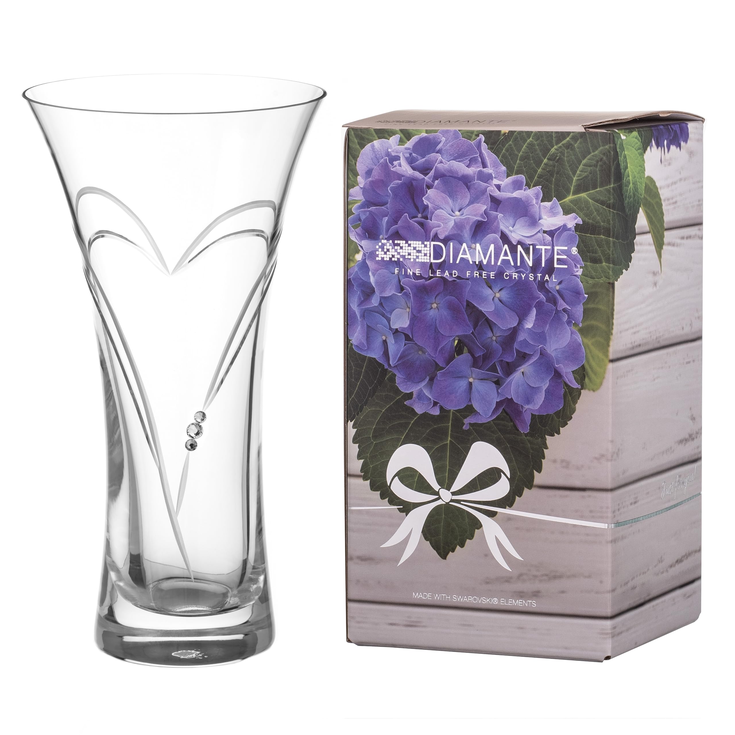 DIAMANTE Swarovski Trumpet Flared Crystal Vase "Hearts" - Hand Cut - 22cm, Clear - Image 2