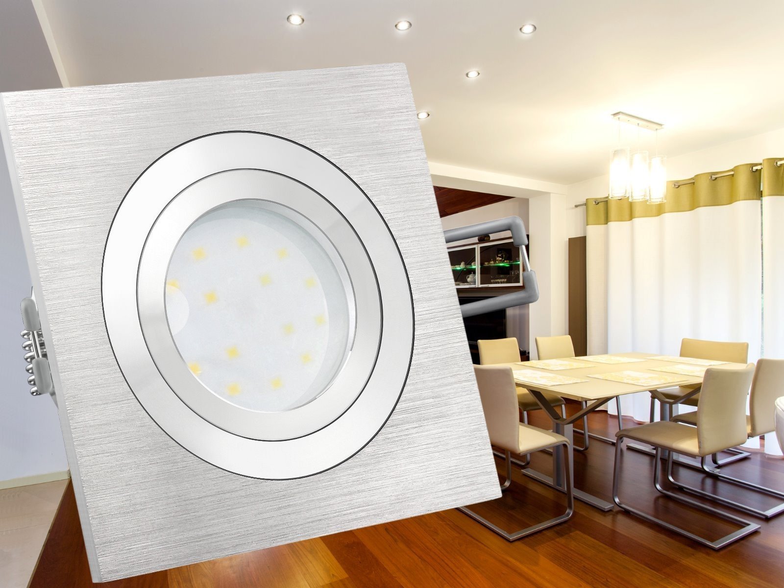 SSC-LUXon 6er Set LED Decken Einbaustrahler flach dimmbar 30mm - 3 Lichtfarben einstellbar - QF-2 eckig Alu gebürstet 230V 6W