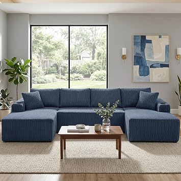 124" Oversized Sectional Couches for Living Room, Modern Boneless Cloud Couch with Cup Holders and Storage Pocket, Comfy Corduroy Modular Sectional U Shape Sofa Couch for Apartment,Blue Couch in a Box