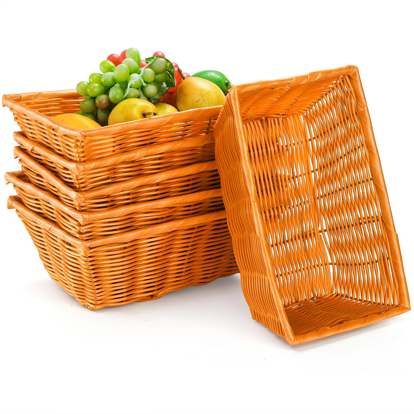 Coloch 6 Pack Plastic Woven Bread Basket, 12 Inch Imitation Rattan Fruit Basket Stackable Rectangle Serving Basket for Fruit, Bread, Vegetable, Towel, Home, Restaurant, Outdoor Use