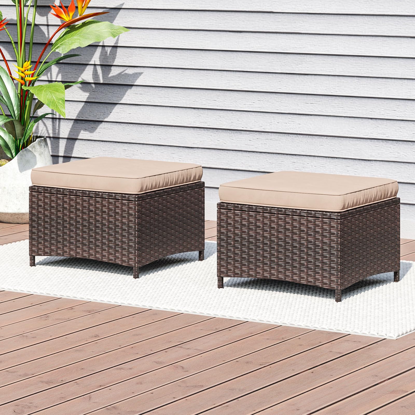 Aoxun 2 Pieces Patio Ottomans, Rattan Wicker Ottoman Seat, Patio Rattan Furniture, Outdoor Footstool, Footrest Seat with Removable Cushions, Beige, 22