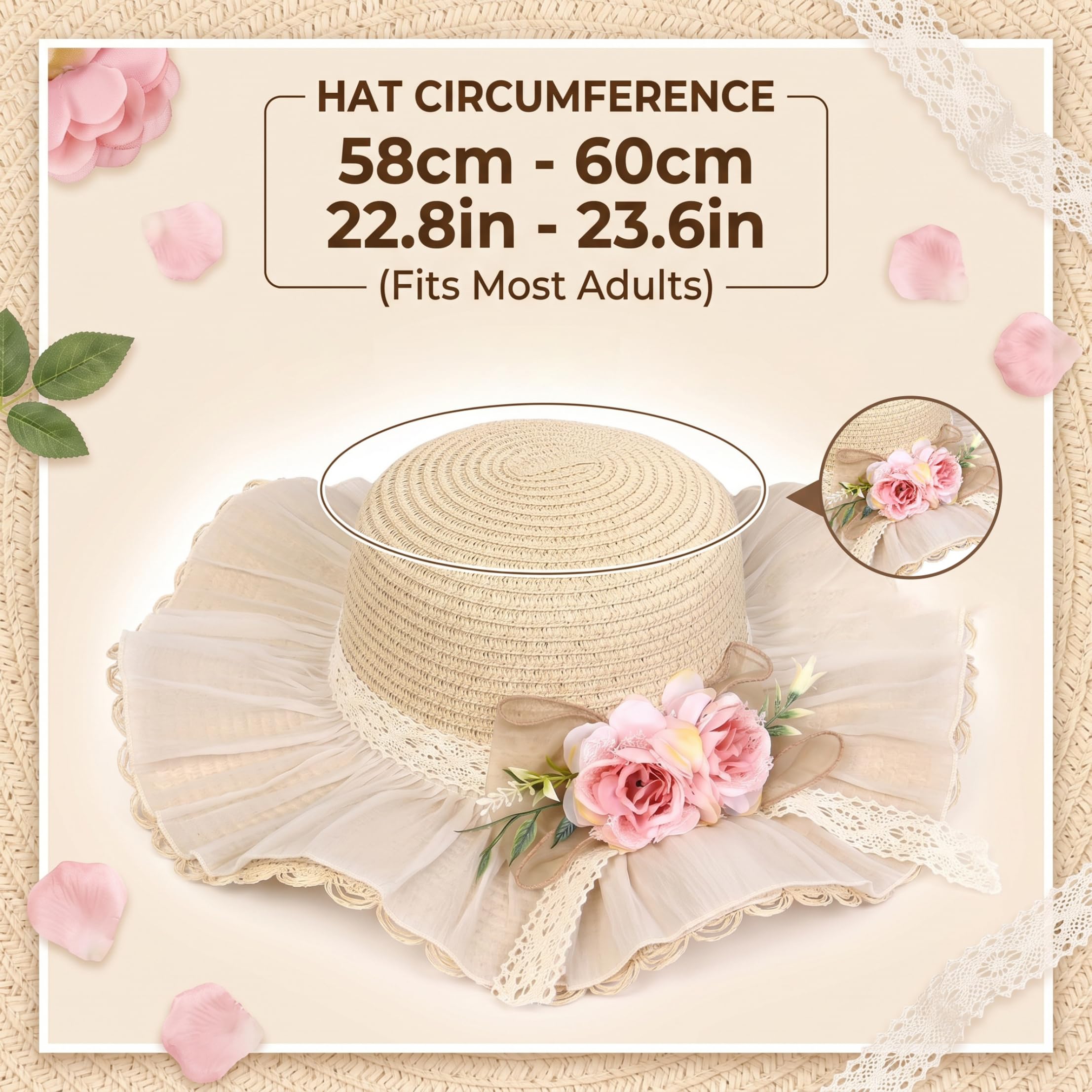 Cappello di Paglia da Donna, Cappello da Sole in Paglia, Completo da Spiaggia Vintage da Donna con Finiture in Pizzo e Fiori, Elegante per Viaggi, Spiaggia, Esterno, Beige