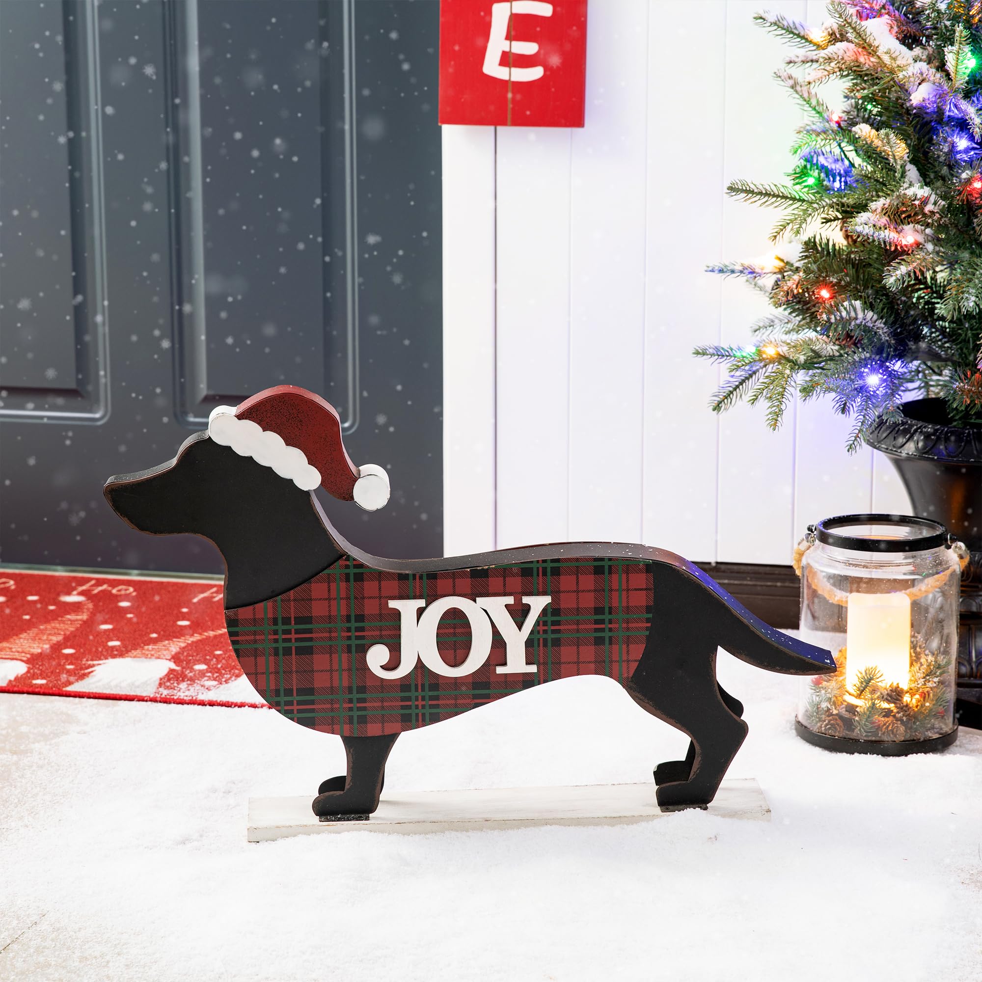 Glitzhome Letrero de metal para porche de Navidad con base de madera