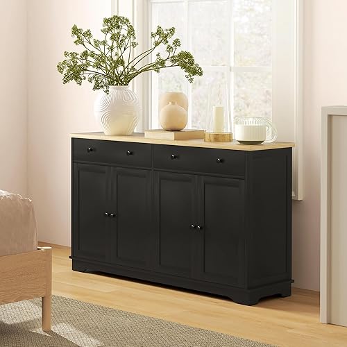 Vista 162 de HOMCOM Sideboard with Solid Wood Countertop, Modern Kitchen Storage Cabinet, Coffee Bar Cabinet with 2 Drawers, Doors and Adjustable Shelf, Black