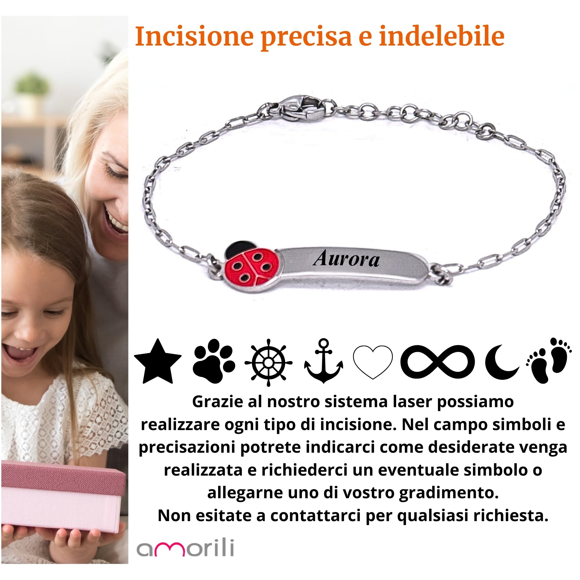 amorili Bracciale Bambina Personalizzato con Nome – Coccinella Portafortuna – Acciaio Inox Anallergico – Idea Regalo Bimba Battesimo Compleanno – Made in Italy bcc3109