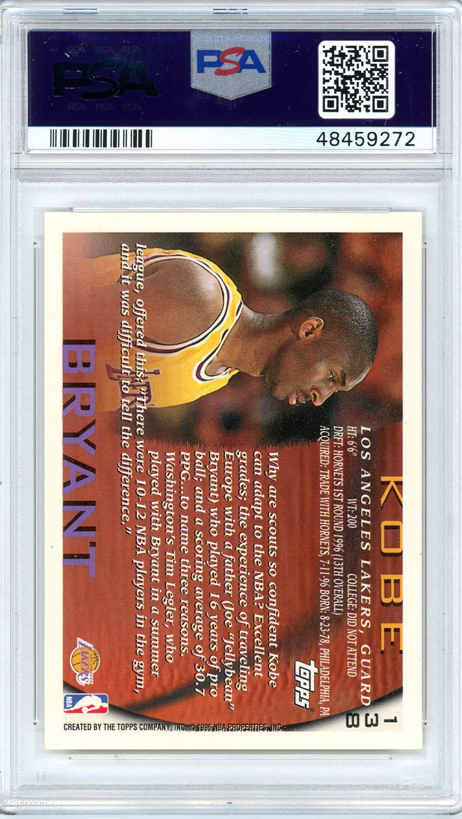Amazon.com: Kobe Bryant 1996 Topps Basketball Rookie Card RC #138 