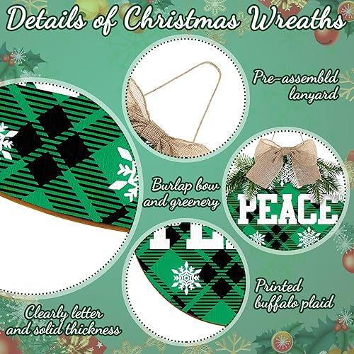 Miniatura 8 de Letrero colgante de Navidad de 3 piezas, letrero de paz y alegría, diseño de búfalo a cuadros para puerta delantera, decoración rústica de arpillera