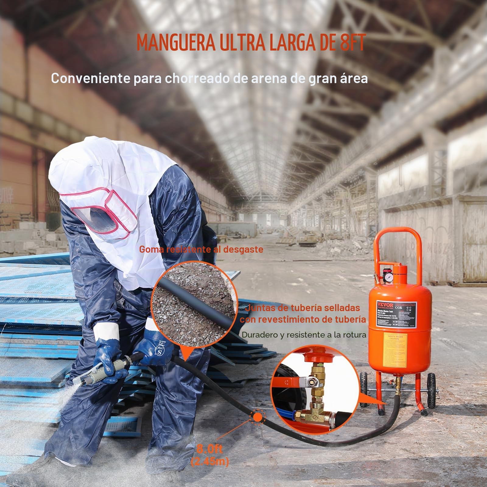VEVOR Máquina de chorro de arena portátil de 18,92 l, manguera de trabajo de 243,84 cm, chorro de arena de 60 a 110 psi, ideal para eliminar óxido, pintura, manchas y pulir grandes superficies