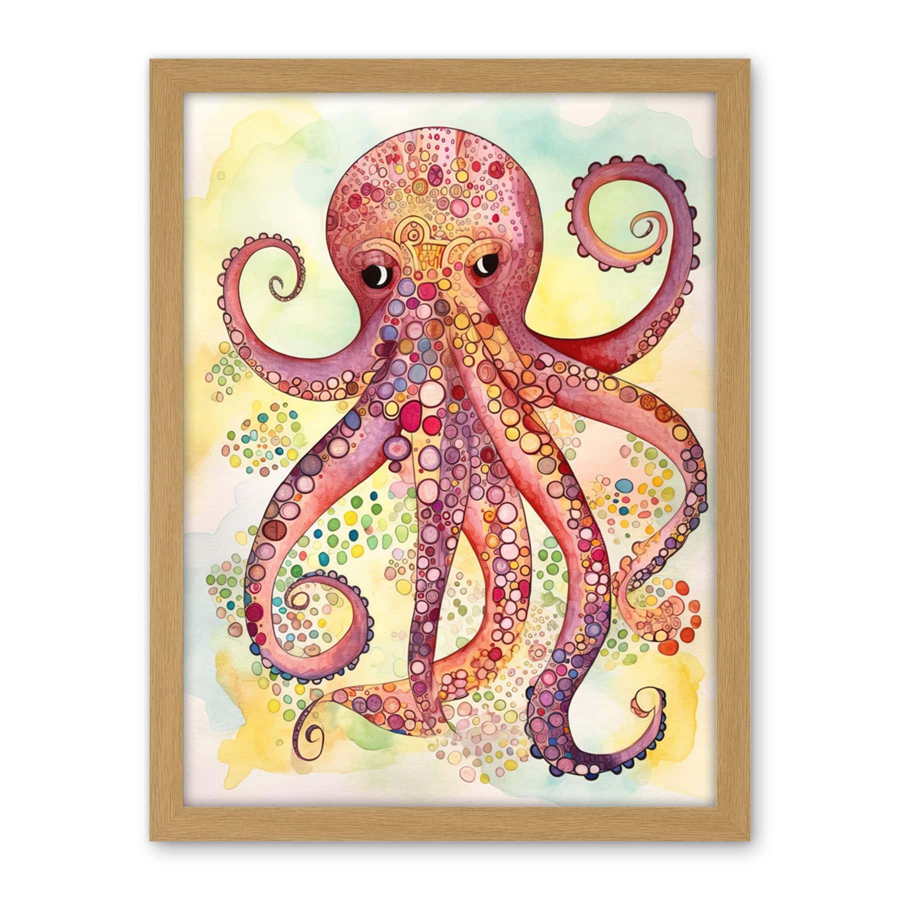 Artery8 Octopus Portrait Bright Folk Art Watercolour Painting Artwork Framed Wall Art Print 18X24 Inch
