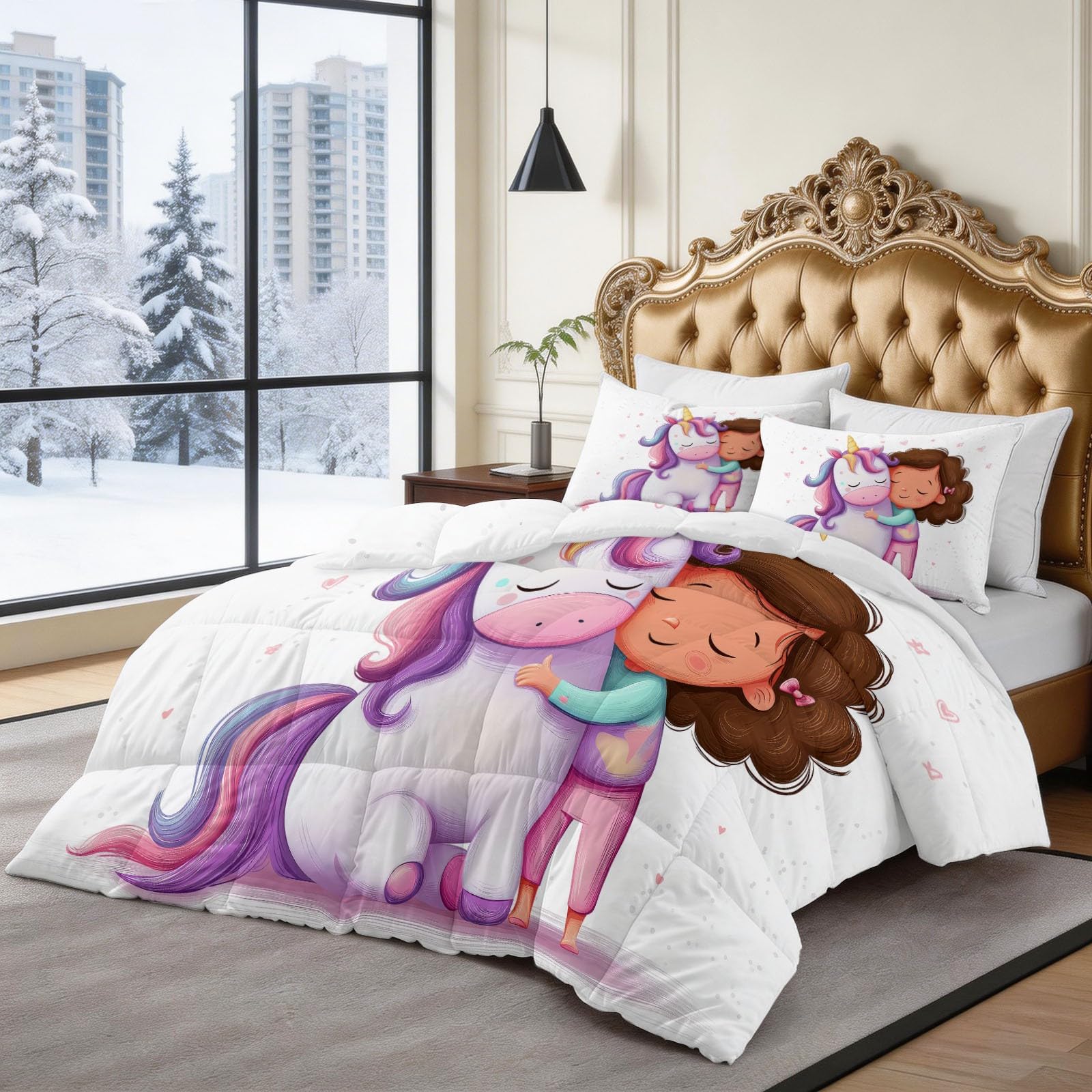 Generico Piumone Invernale 140 x 200 cm Carina Unicorno Bambina Trapunta in Ecopiuma 400 gr/mq, Caldo ed Elegante – Biancheria da Letto Anallergica e Traspirante – Set 3 Pezzi, Viola