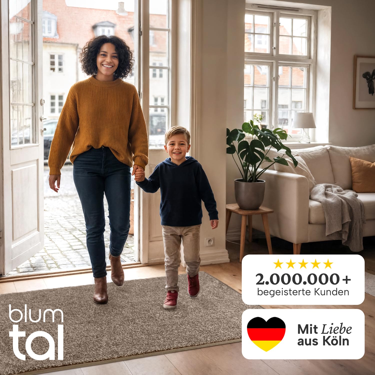 Blumtal Fußmatte 86x150 cm - Mikrofaser Schmutzfangmatte 80 x 120 mit wasserdichter TPR-Rückseite - rutschfeste Fussmatte innen - Schmutzmatte aus Hochleistungs-Mikrofaser in Beige