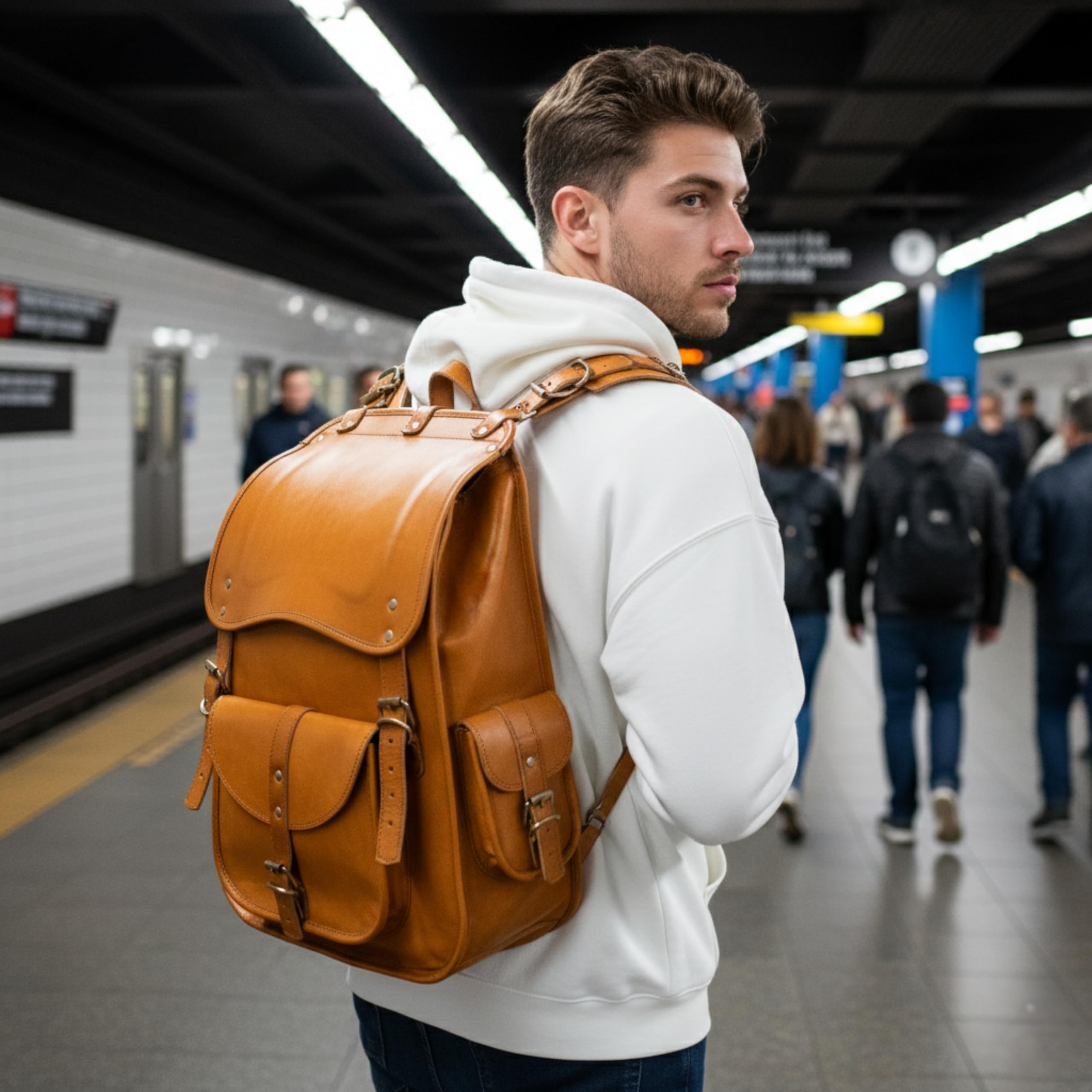 handmade world vintage full grain 21 inch leather laptop large backpack casual bookbag daypack travel rucksack (tan)