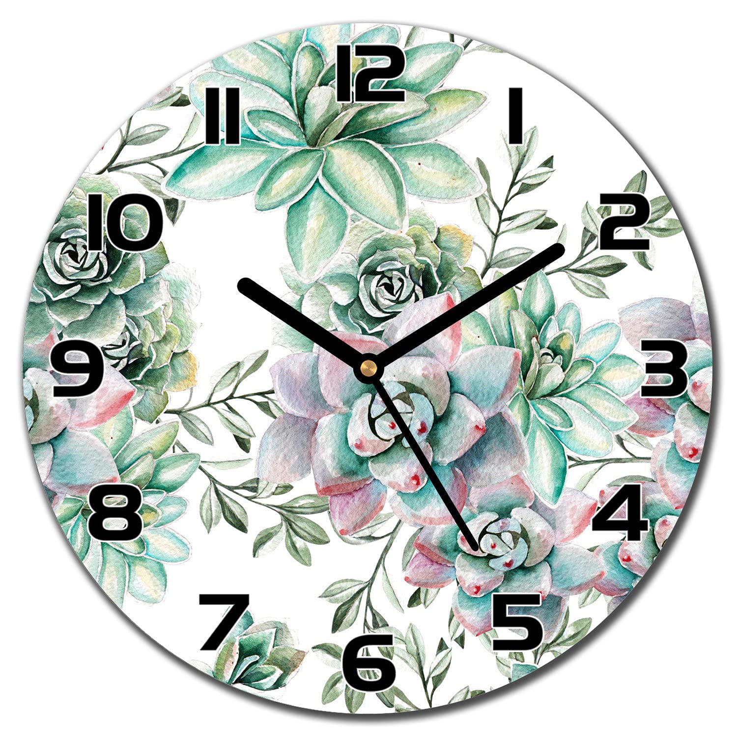 Horloge en verre murale 30 cm floral succulent motif moderne