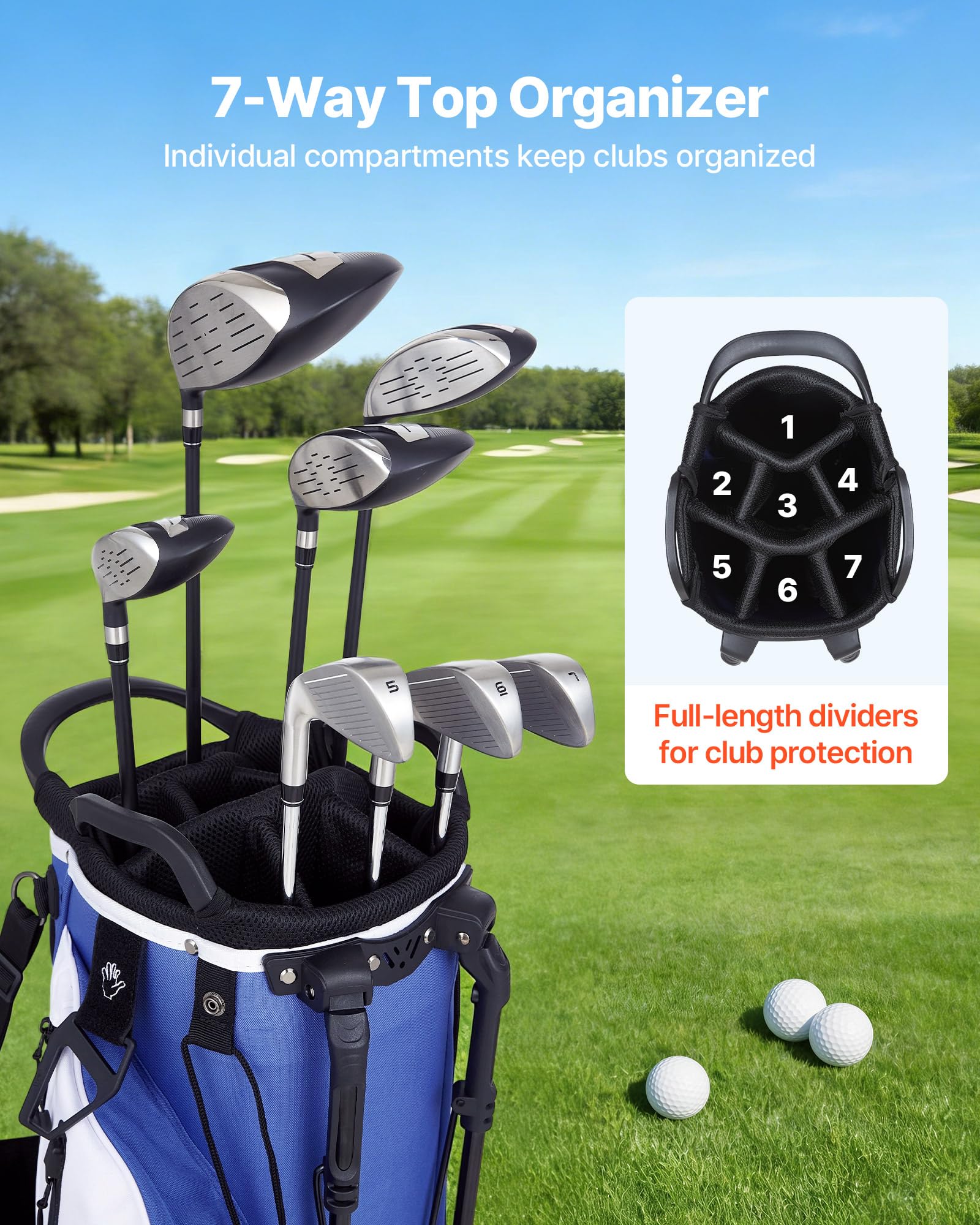 VEVOR Golfbag mit 7-Facher Einteilung, Golftasche mit Standfüßen Doppelschultergurt Durchgehenden Trennfächern Regenhaube Stautaschen, Caddybag aus Polyester für Herren Damen Golf Cartbag