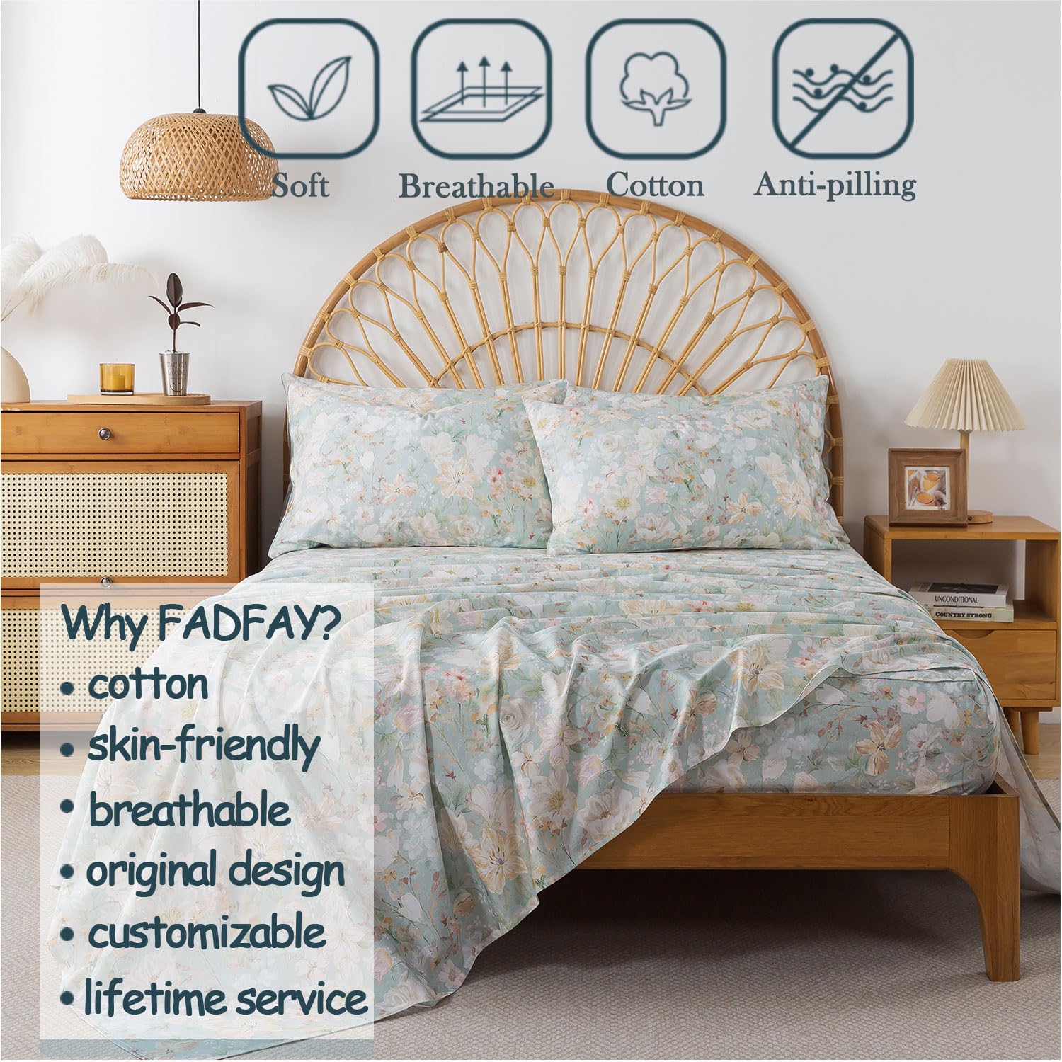 FADFAY King Sheets Set Percale Cotton Floral Bed Sheets Deep Pocket Fitted Sheet, Countryside Style Rich Floral Printed Shabby Bedding for All Season, Super Soft Crisp & Cool,4pcs