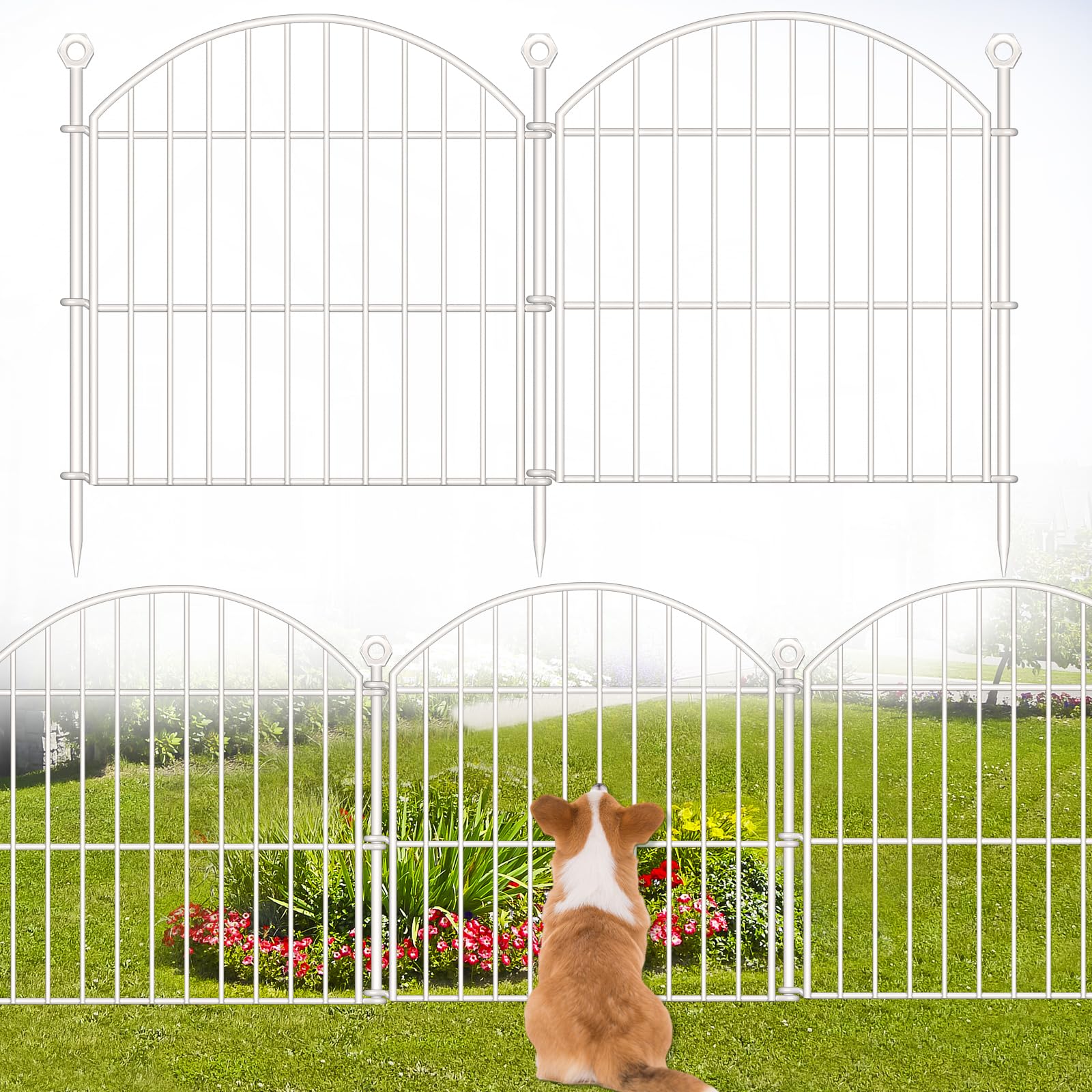 Decorative Garden Fence 24in (H) x20ft (L), 10 Pack No Dig Fence Animal Barrier for Dog, Arched Flower Bed Edging, Wire Border Panel Fencing for Yard Patio Outdoor Decor White