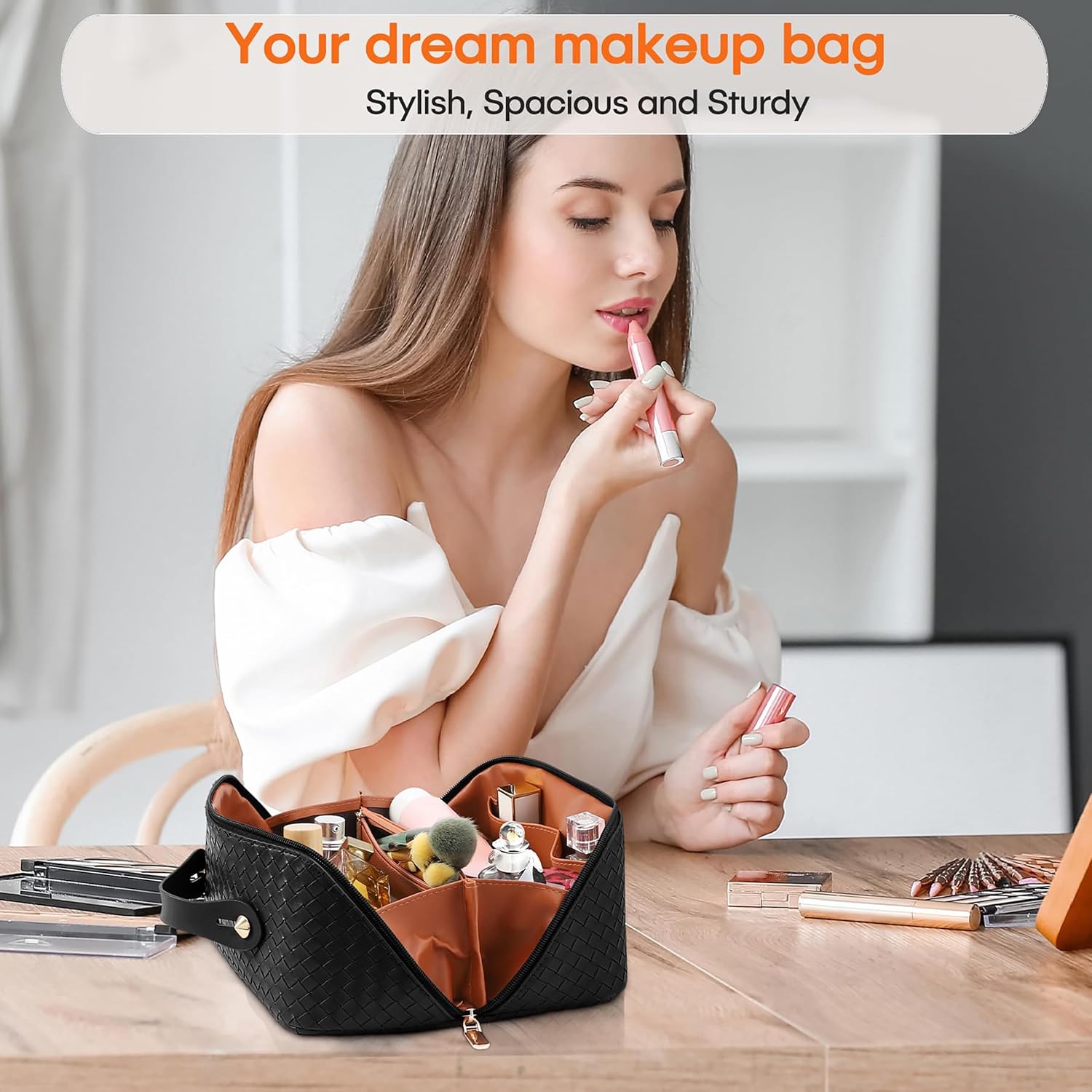 Large Capacity Travel Cosmetic Bag - Portable Makeup Bags for Women Waterproof PU Leather Checkered Makeup Organizer Bag with Dividers and Handle,Toiletry Bag for Cosmetics - Image 2