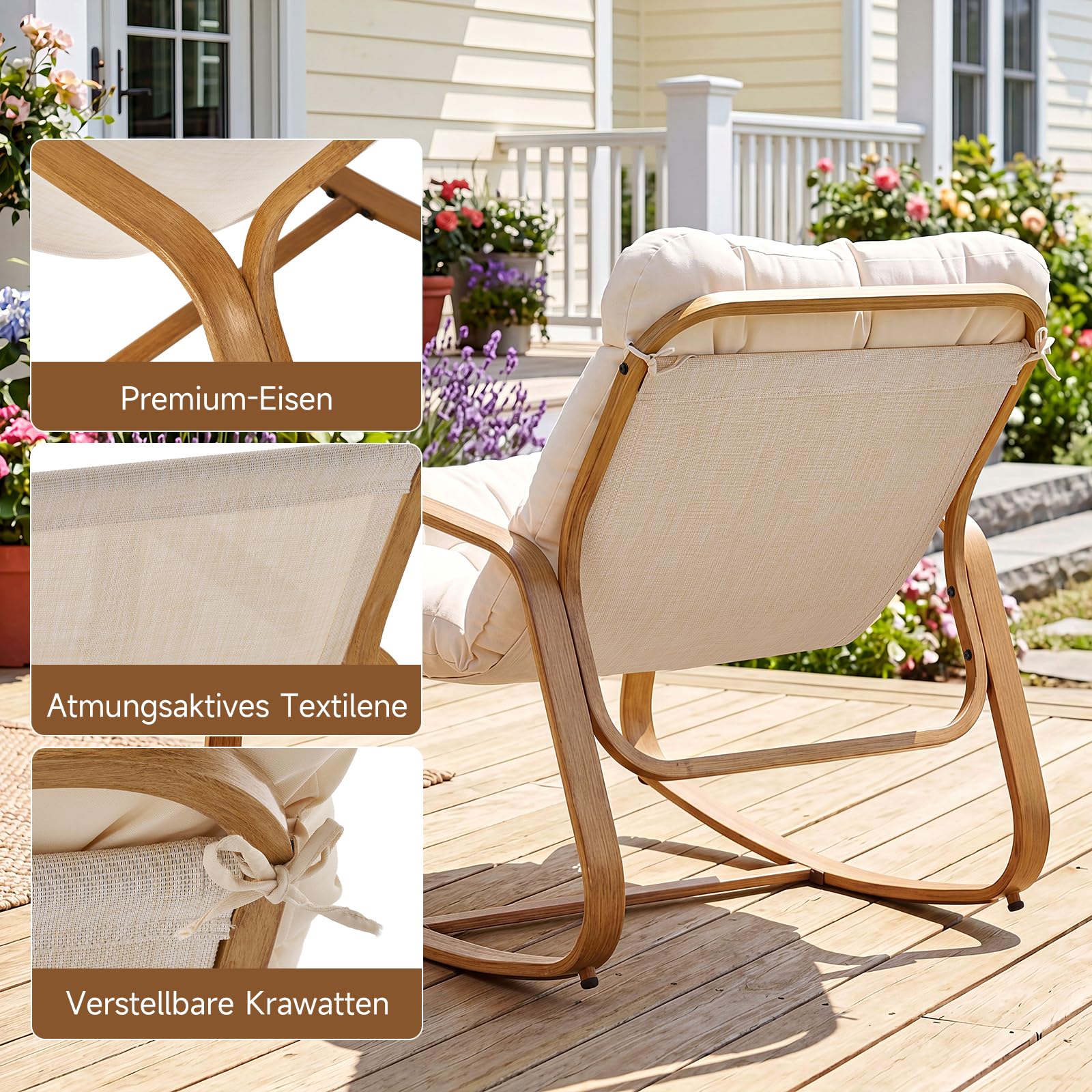 Schaukelstuhl mit dickem Kissen für drinnen und draußen | hochwertiger Papasan-Schaukelstuhl in Holzoptik aus Eisen, gemütlicher Schaukelstuhl für Garten, Balkon, Wohnzimmer und Schla