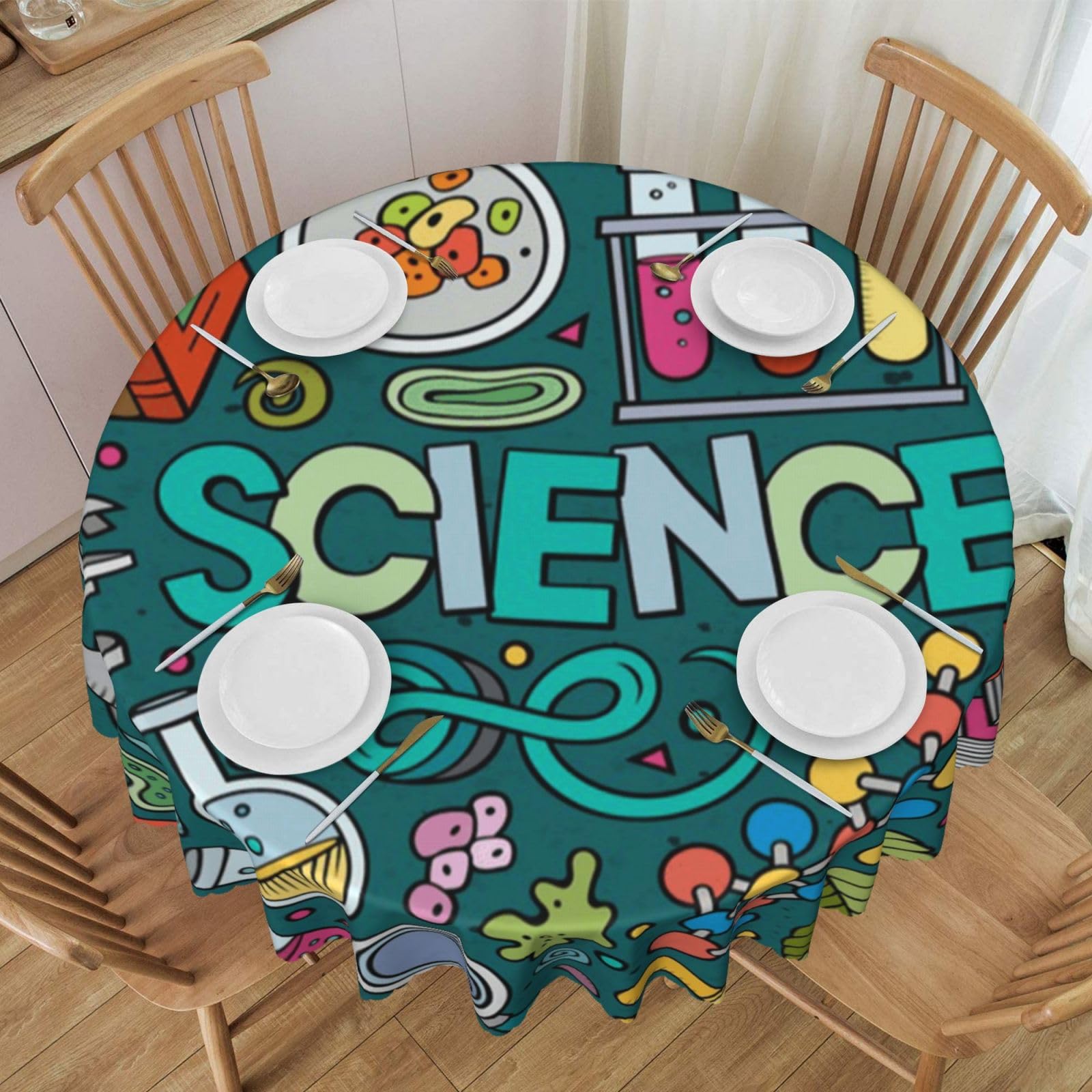 DCEHGEW 60 In Round Tablecloth with Lace, Cartoon Science Theme Printed Oilproof & Washable Fabric Picnic Table Cloth Table Covers