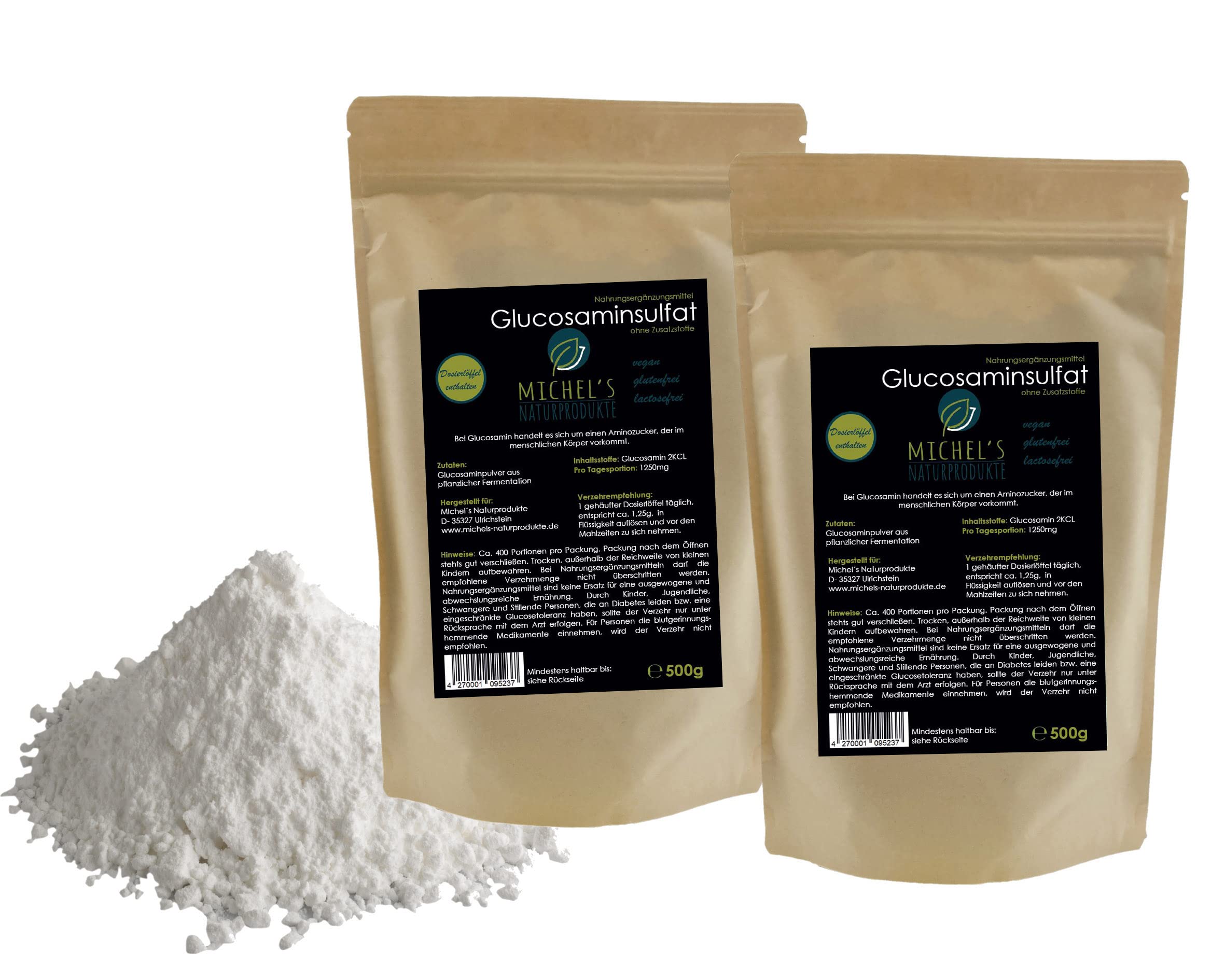 Michel´Naturprodukte Glucosaminsulfat Pulver 1kg (2x500g) -reines Glucosamin-Vegan-Aus pflanzlicher Fermentation-Glucosamine-Premium Qualität