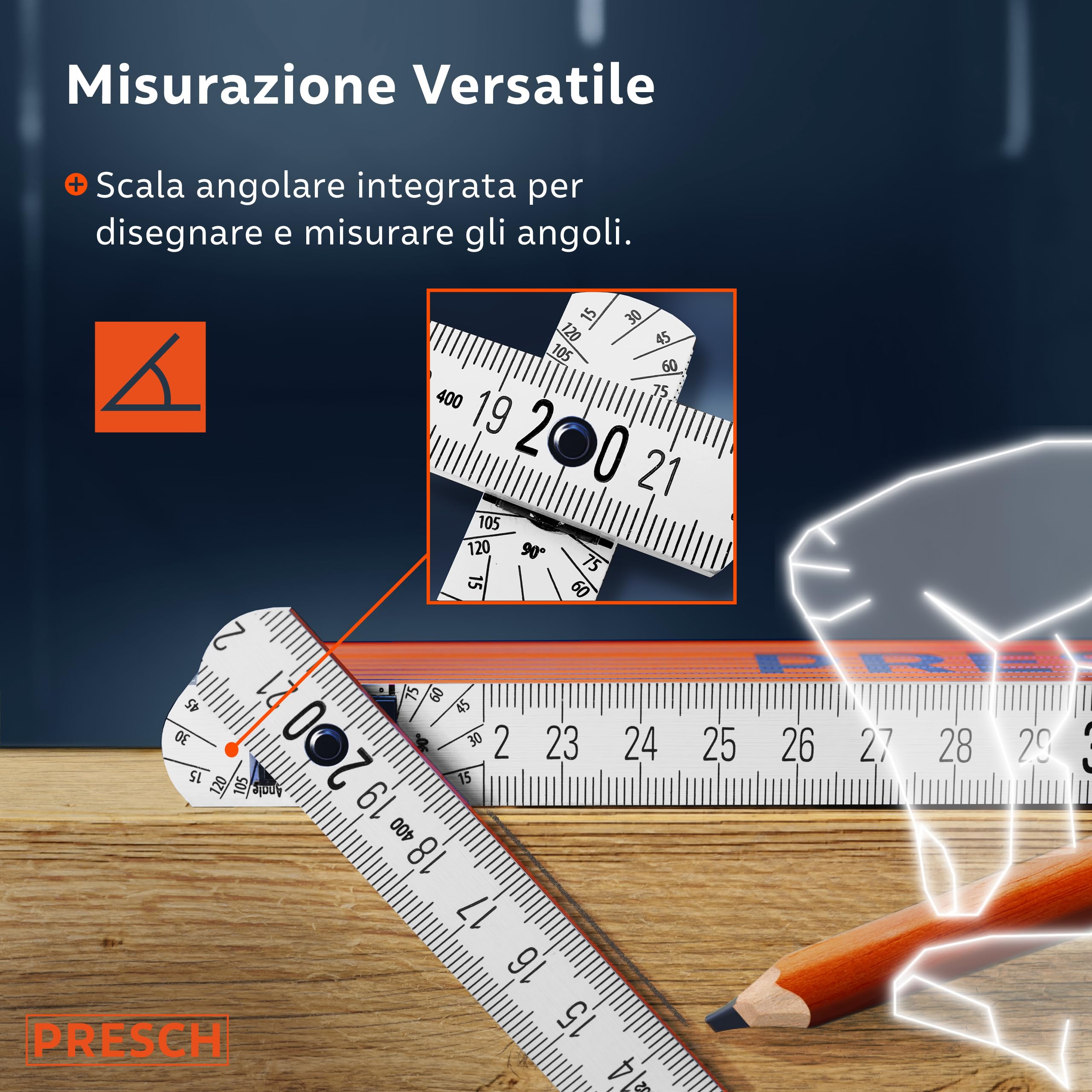 Presch Metro Pieghevole da 3 Metri con Scala degli Angoli - Legno Arancione - Numeri Grandi - Metro Righello con Motivo Strumenti