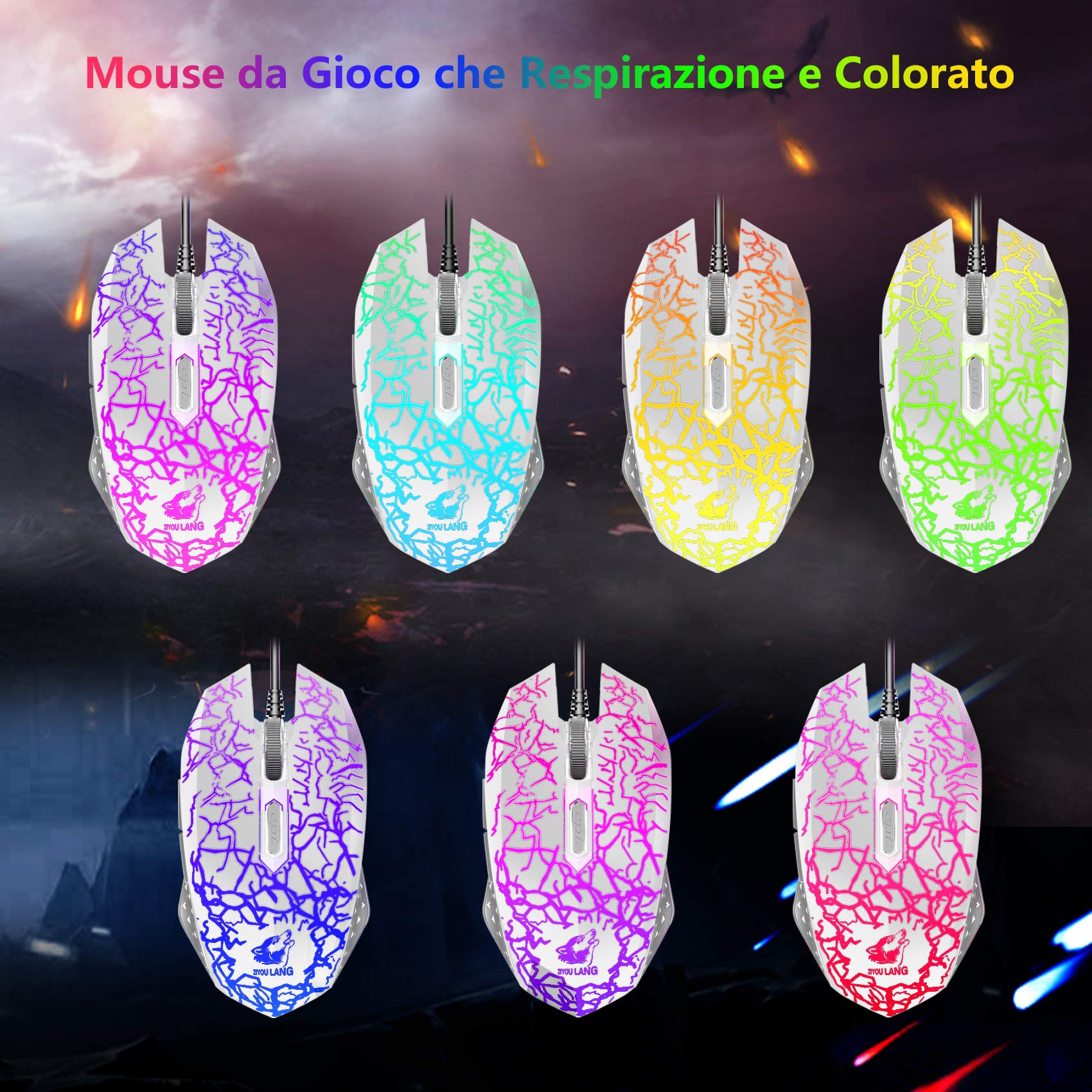 Tastiera e Mouse da Gioco, Gaming Tastiera Retroilluminato a LED Colore Arcobaleno, Mouse 6 Tasti 2400 DPI e Tappetino per Mouse, USB Cablato per PS4 XBox, Bianca