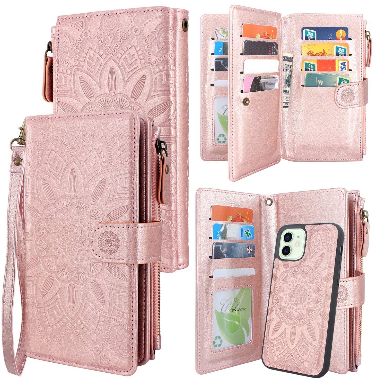 Harryshell Compatible with iPhone 12 / iPhone 12 Pro Case Wallet Detachable Magnetic Zipper Leather Cash Pocket with 12 Card Slots Holder Wrist Strap for iPhone 12 / Pro 6.1 inch (Floral Rose Gold)