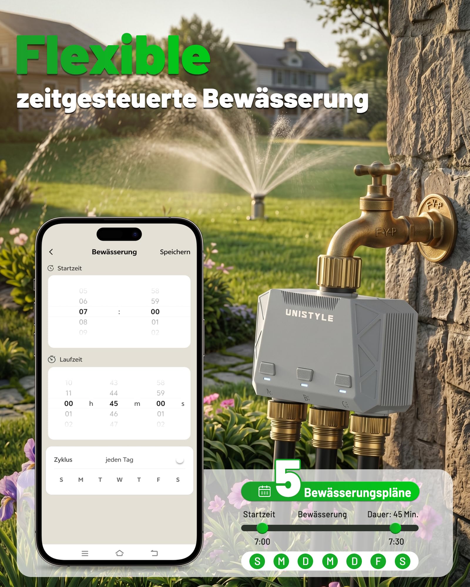 Unistyle Bewässerungscomputer WLAN 3 Ausgänge | Neuauflage 2026 – App-Steuerung, 5 Bewässerungspläne, Präzise Steuerung, Alexa-Sprachsteuerung, Automatische Bewässerung für Garten & Pflanzen