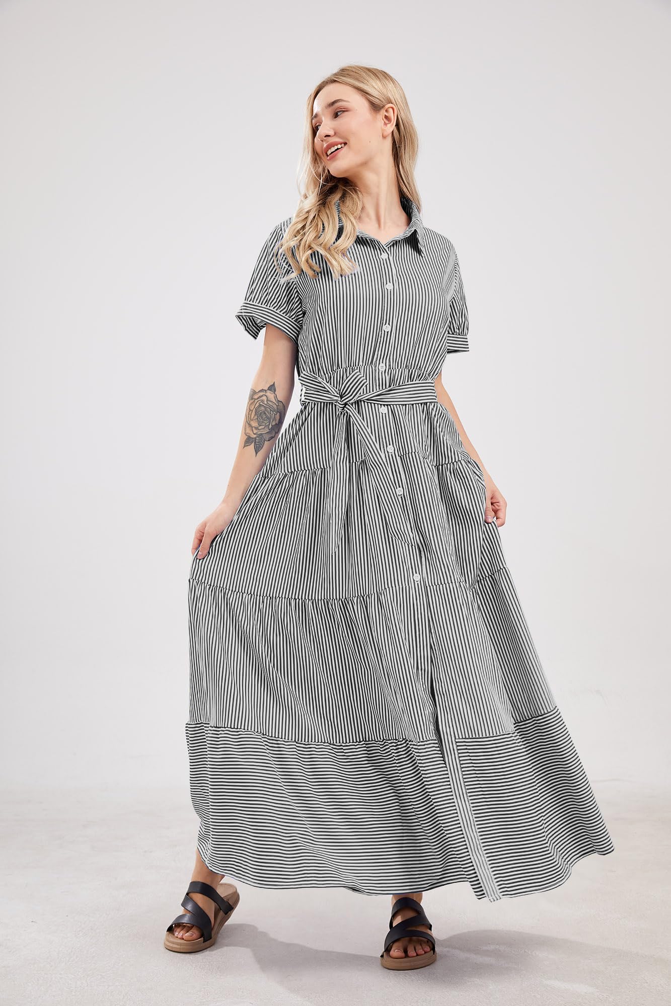 utcoco Lässiges Maxi-Hemdkleid für Damen, kurzärmelig, Knopfleiste, Taille, gerüscht, gestreift