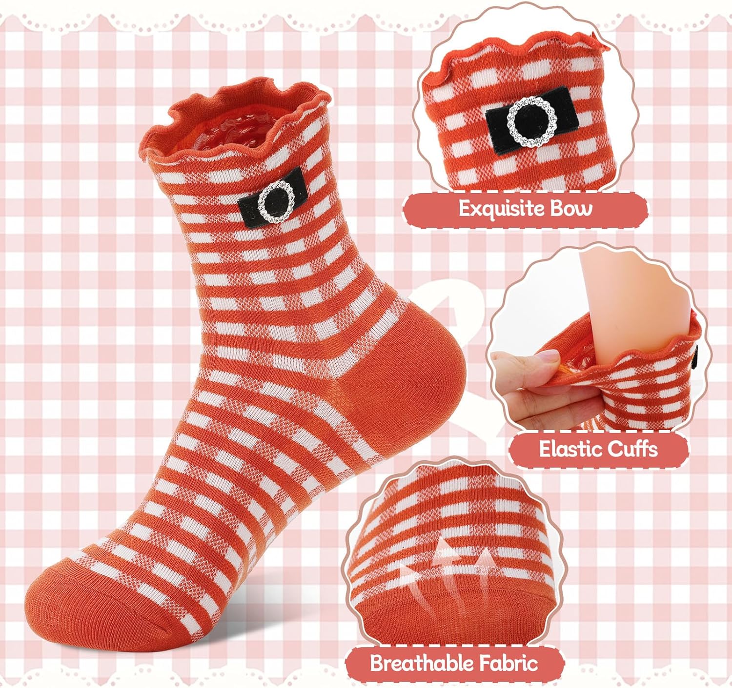 5 Pairs Women Ruffle Checkered Frilly Socks with Bow Cute Plaid Ankle Sock for Women Cotton Knit Casual Crew Socks - Image 6