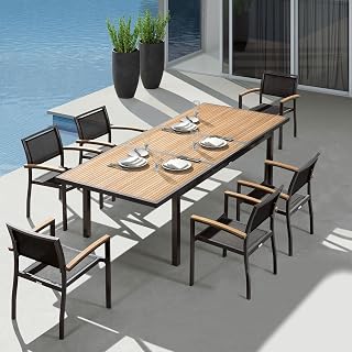 HIGOLD Heck 7-teiliges Gartenmöbel Set aus FSC-Teakholz & Aluminium, mit 6 stapelbaren Textilene-Gewebe und 1 großem ausziehbaren Tisch für Garten, Poolbereich und Veranda, Kohleschwarz