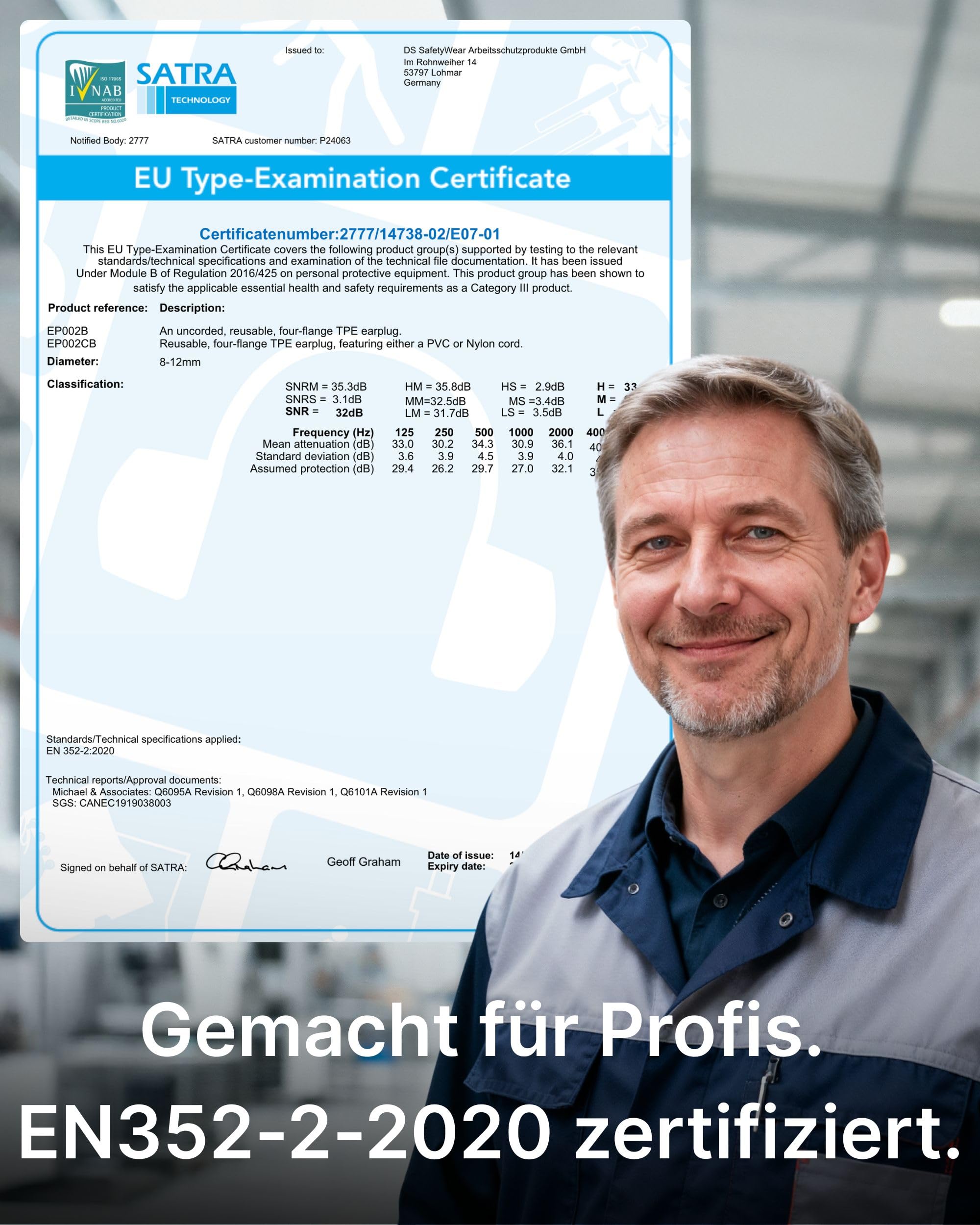 Paire de bouchons d'oreilles réutilisables et détectables bleus avec cordon en tissu SNR 32 dB – Métal détectable pour l'industrie alimentaire – Protection contre le bruit réutilisable – Protection