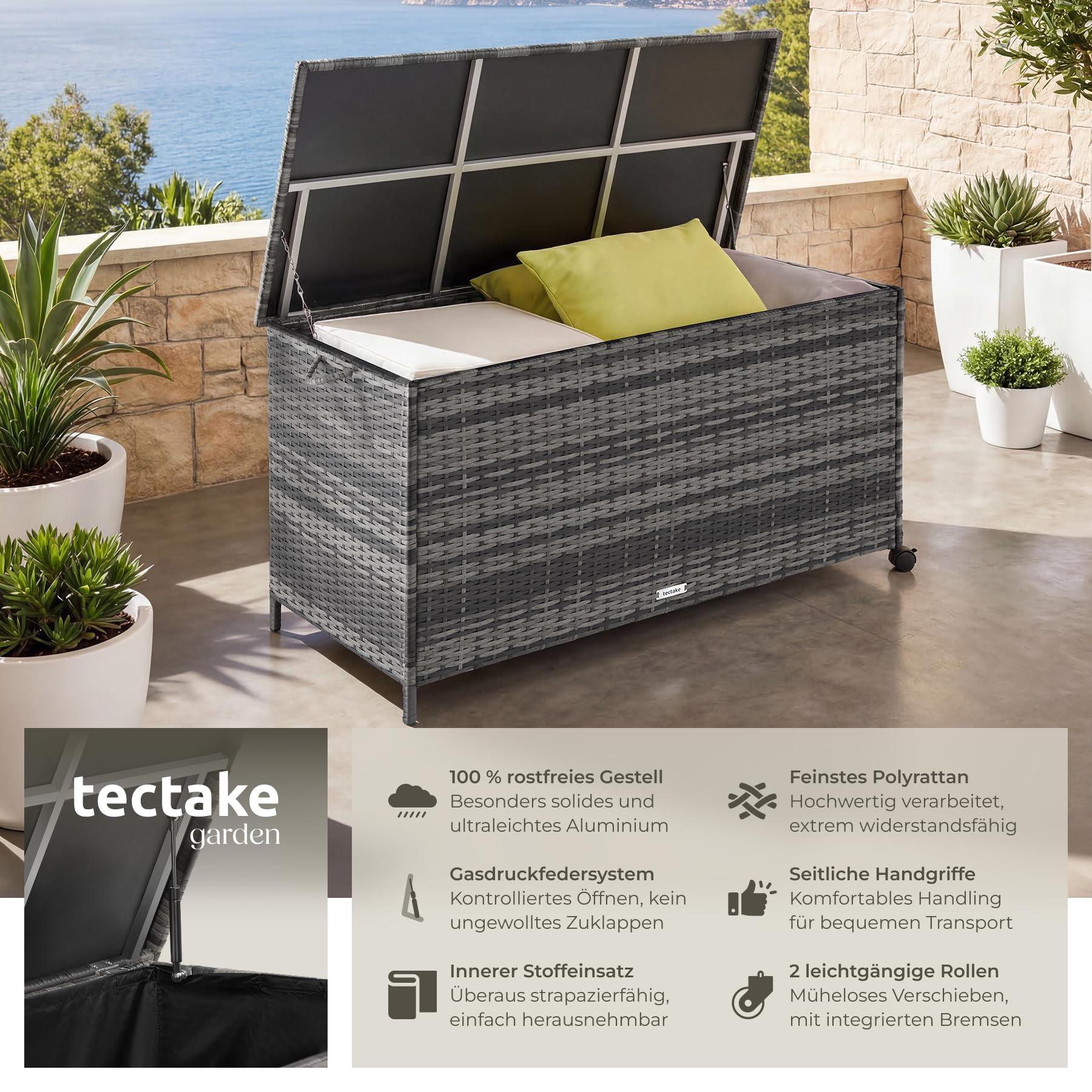 tectake® Auflagenbox 253 l, 116 x 54 x 64 cm, 2 drehbare Rollen mit Feststellbremse, Polyrattan mit Aluminiumrahmen, Gartenmöbel, Outdoor Lagerung, Staubschutzbox, Schutzbox, wetterfest - grau