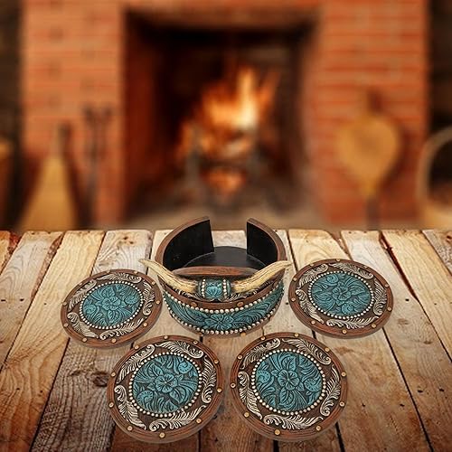 Miniatura 7 de BestGiftEver Juego de posavasos rústicos del suroeste decoración occidental inspirada en cuerno sintético y cuero labrado, casa de campo, regalo