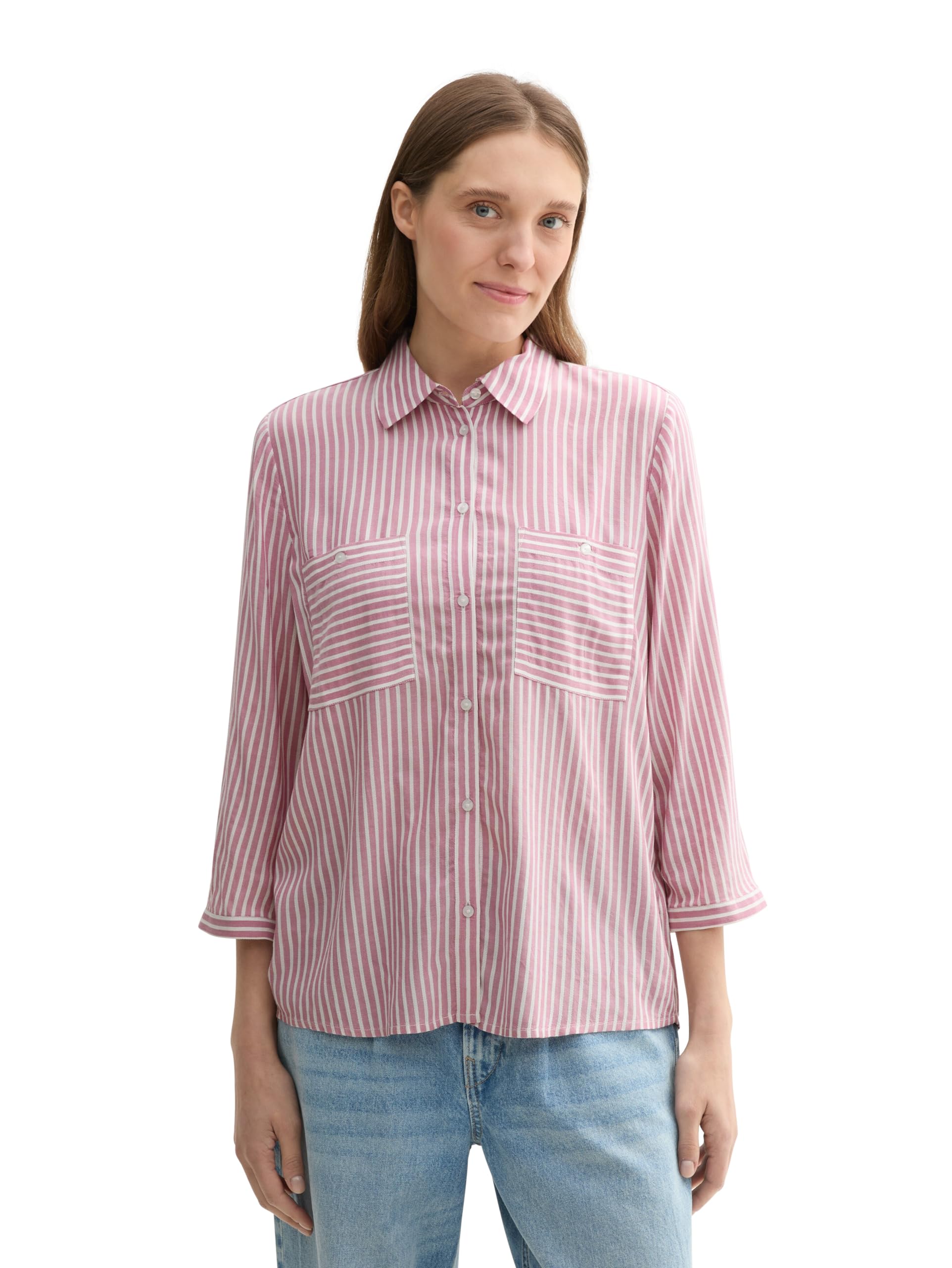 Tom Tailor Damen 1043198 Longstyle Bluse mit Streifen & Brusttasche