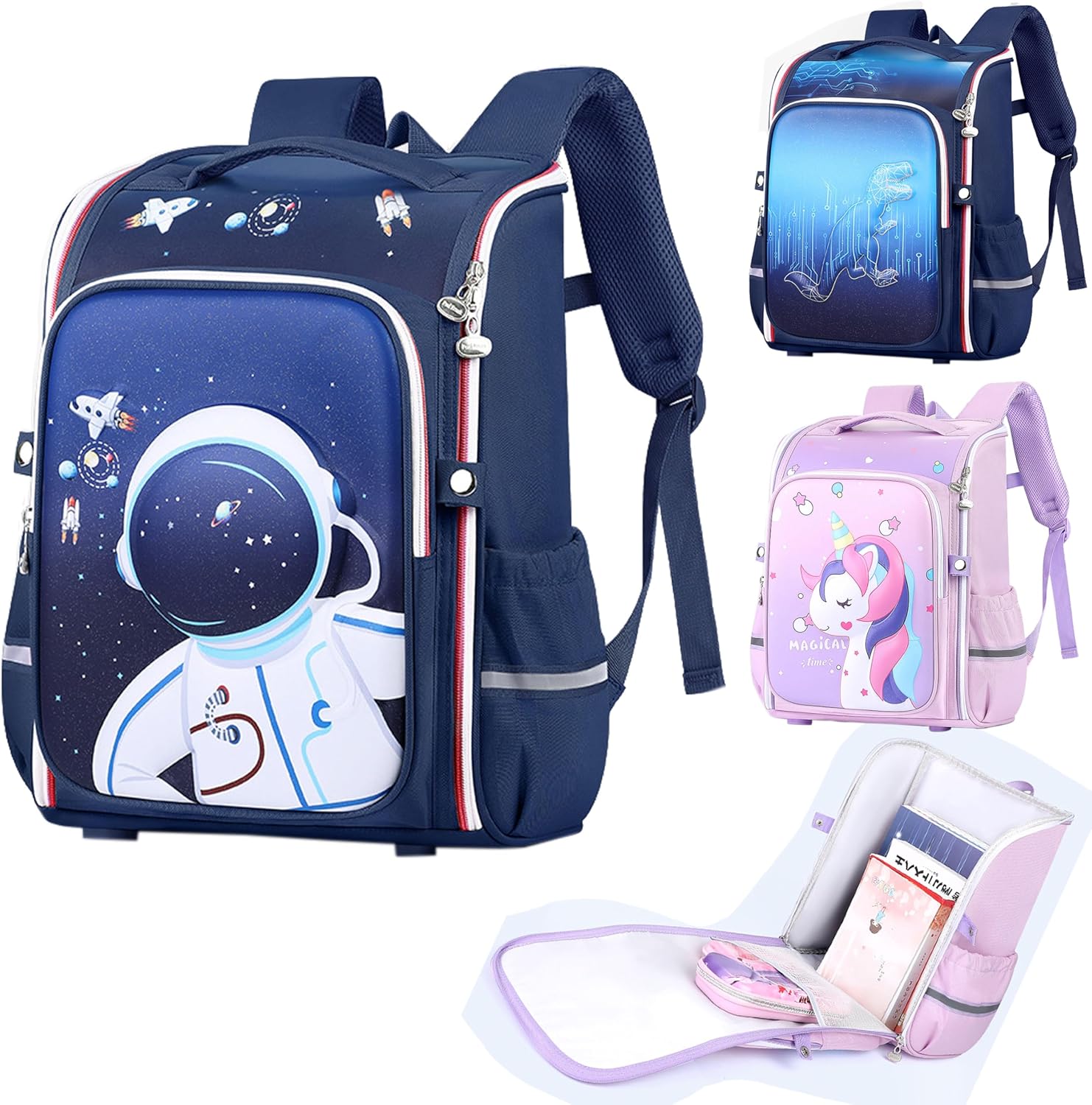Kids Boy Backpack - U-shaped Back Support, 360° Opening, 3D Hardshell School Backpack-Astronaut