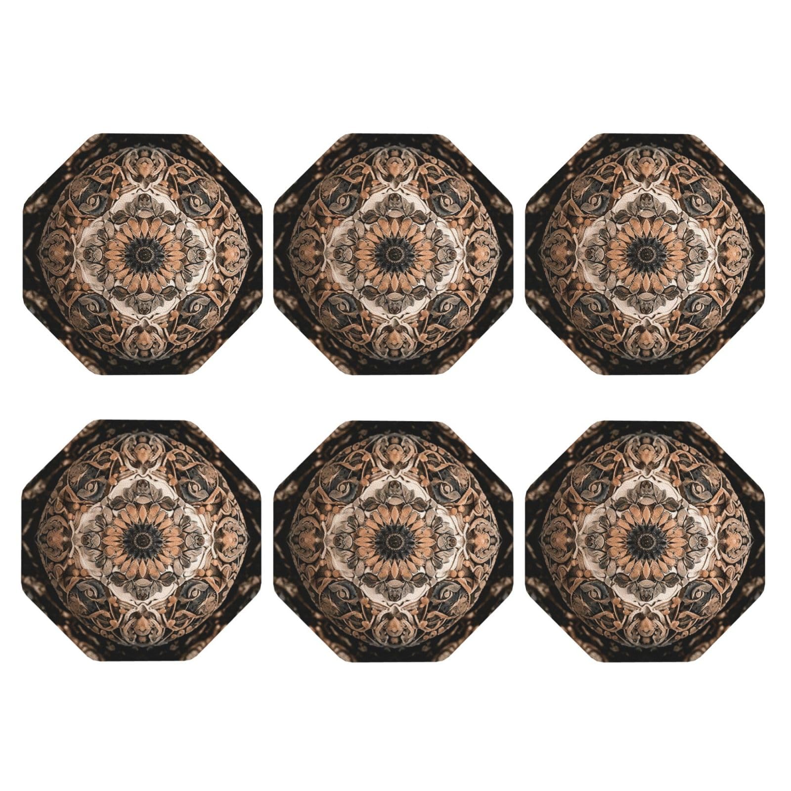 6pcs Leather Coasters for Drinks, Old Ornament Drink Coasters for Tabletop Protection, 4" Cup Coasters for Coffee Table Decor, Non-Slip Drinking Cup Mat for Hot Or Cold Drink