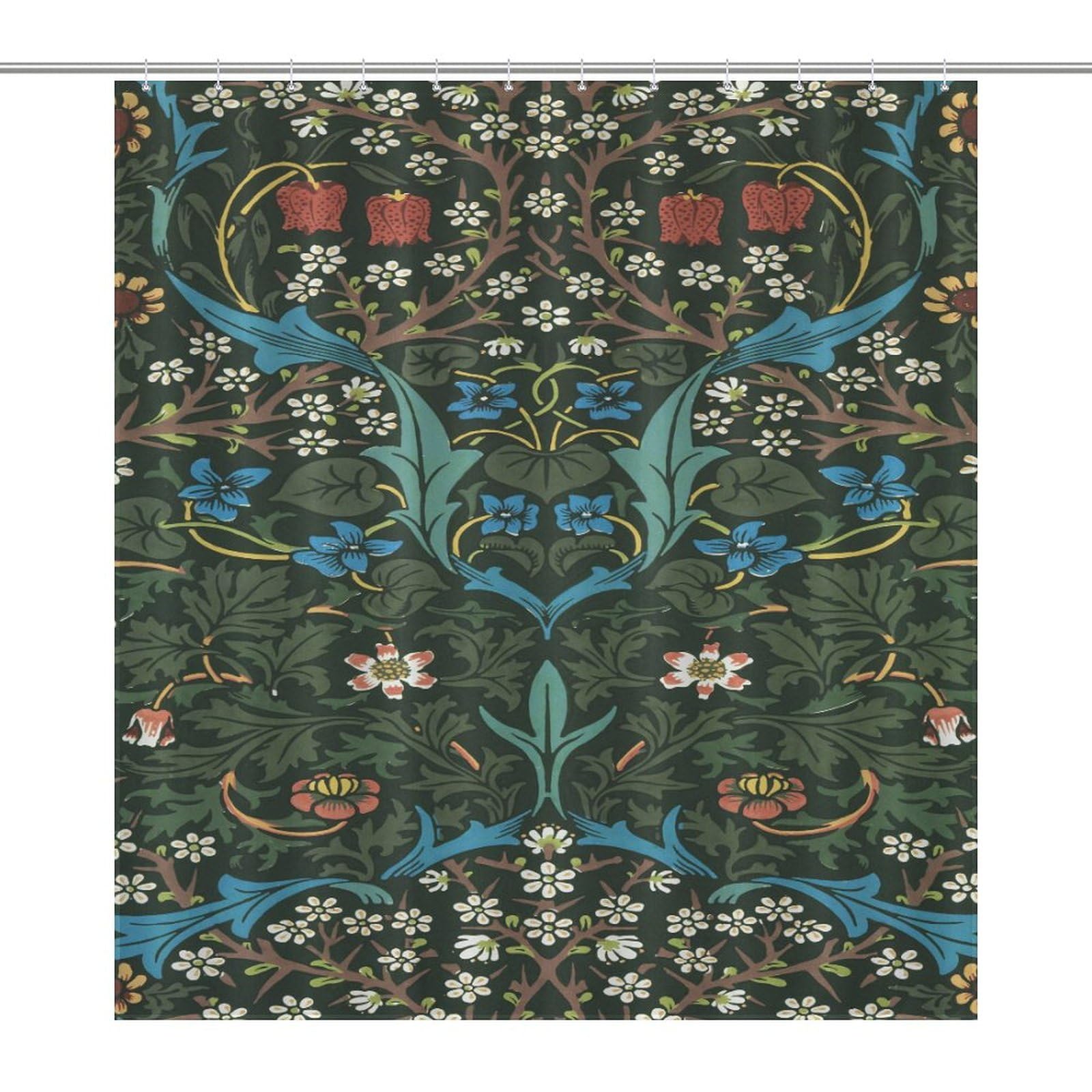 SXXLDNG William Morris Shower Curtain Green Plant Tree Vine Red Stamens with Blue Bird Print Bathroom Polyester Waterproof Shower Curtain with 12