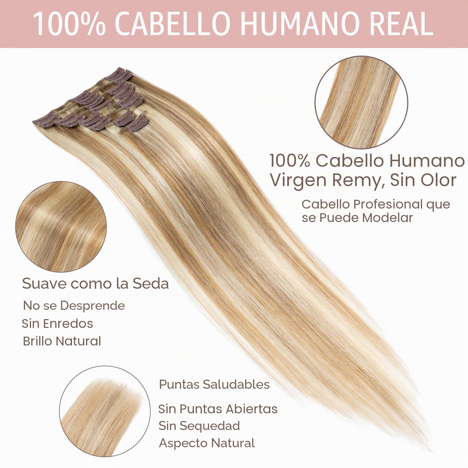 Silk-co Extensiones de Clip de Pelo Natural [8pcs 18 Clips] Cabello Humano 100% Remy Lisas Postizos Pelucas para Mujer Lisos Rectos 50cm(70g) 12P613# Marrón Dorado y Blanqueador Oscuro