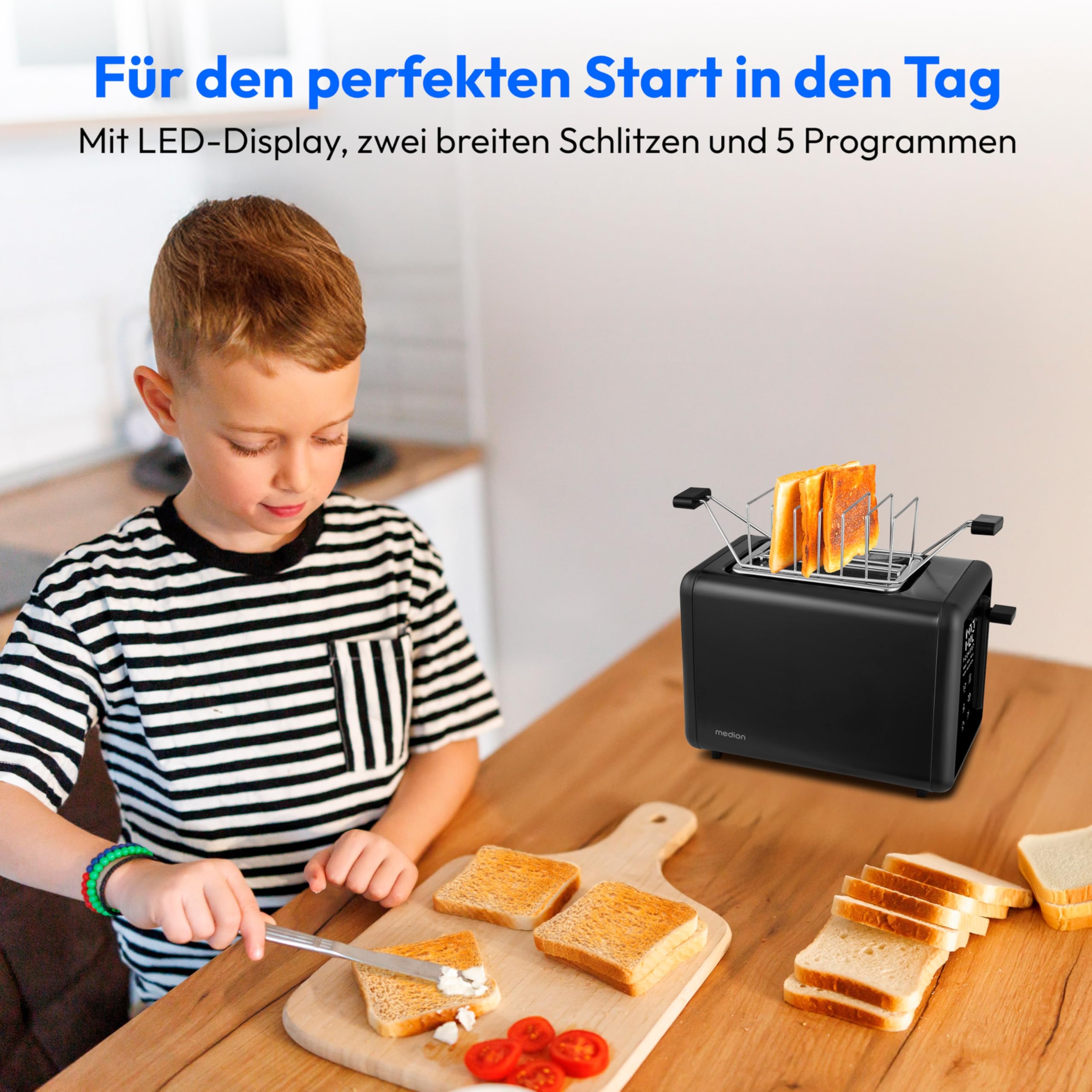 MEDION Toaster 2 Scheiben mit Brötchenaufsatz (7 Bräunungsstufen, 5 Automatikprogramme, 850 Watt, Auftauen, Aufwärmen, LED Sensor Touch Display, Krümelschublade, Edelstahl Matt, MD 12102) schwarz